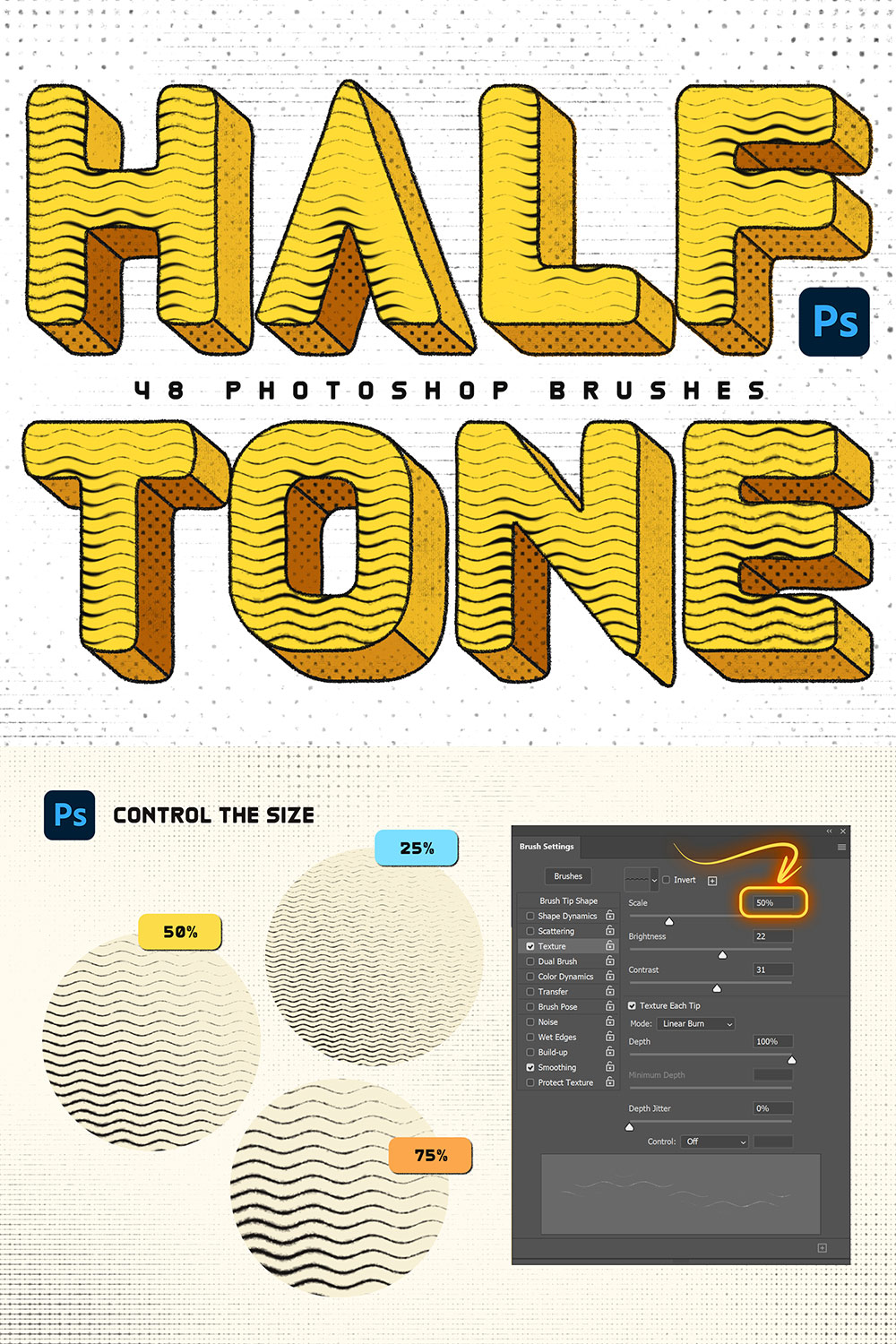 Halftone Photoshop Brushes pinterest preview image.