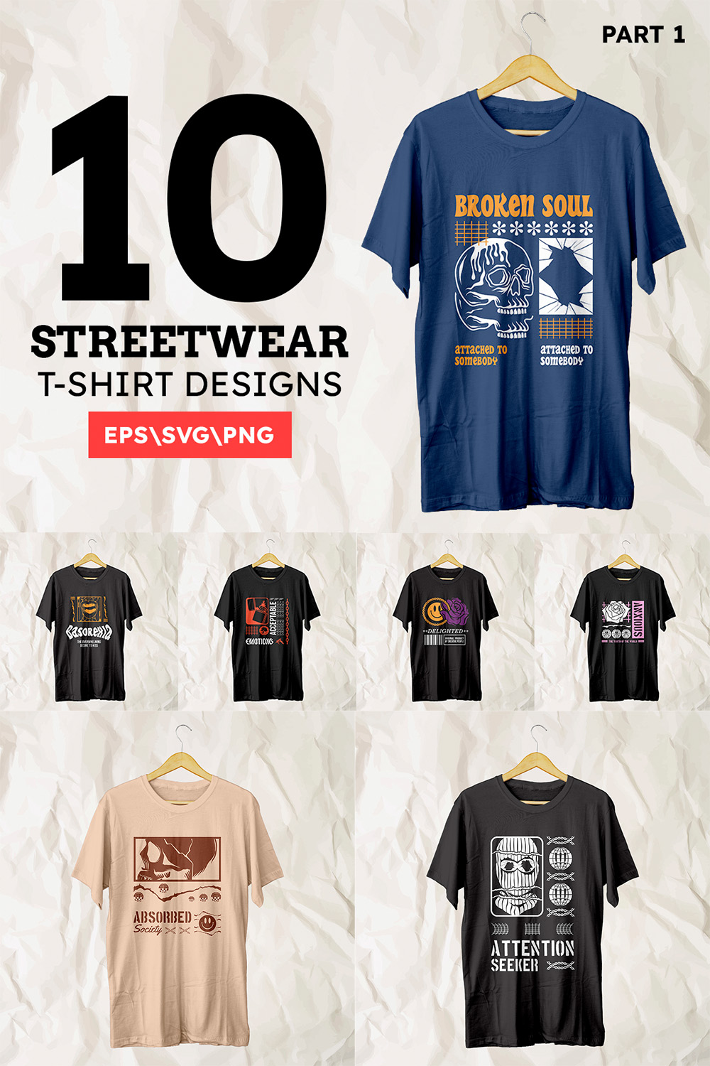 Streetwear T-shirt Designs Vector Bundle pinterest preview image.