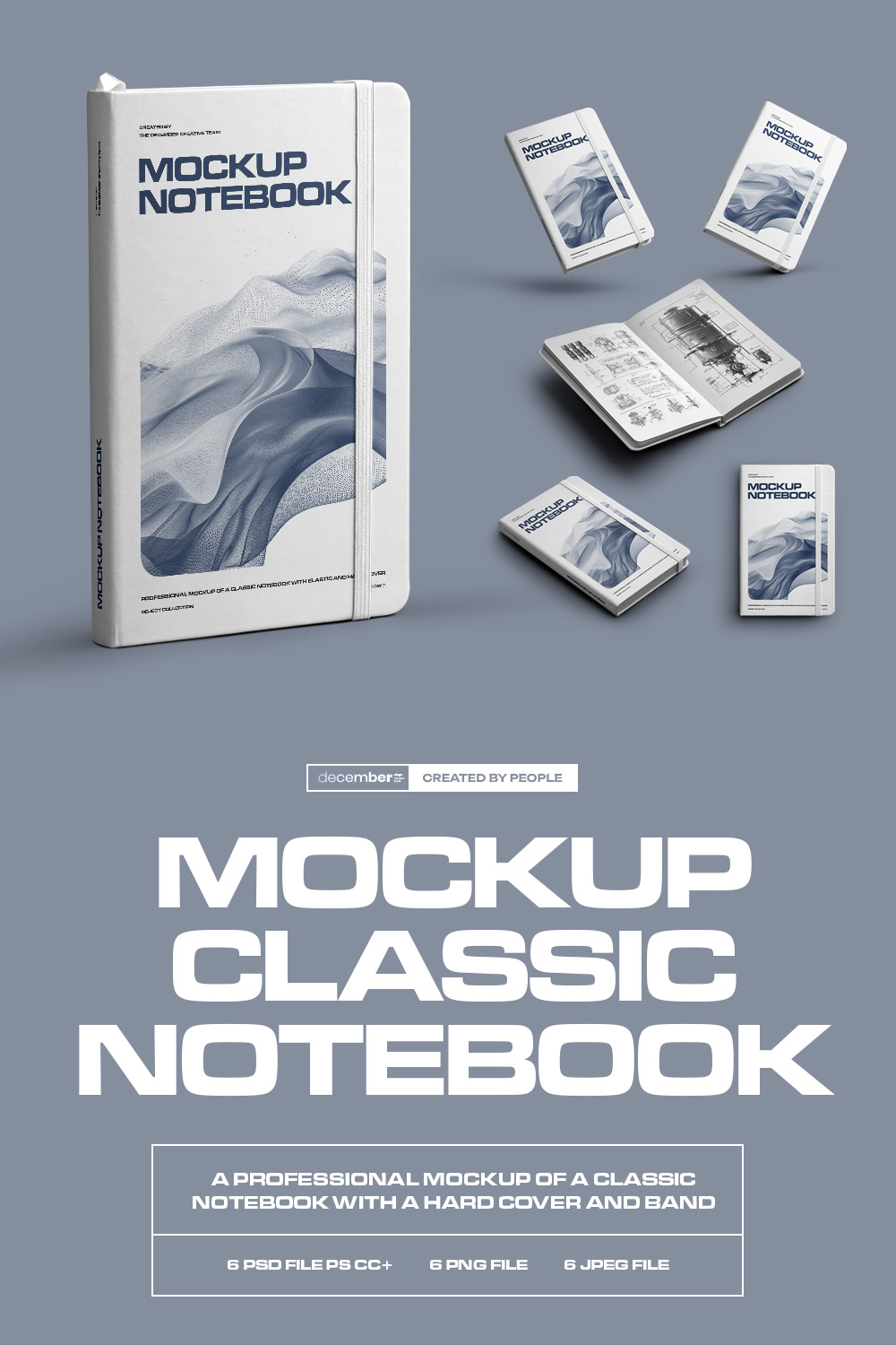 6 Mockups of Classic Notebook with Band and Hard Cover pinterest preview image.