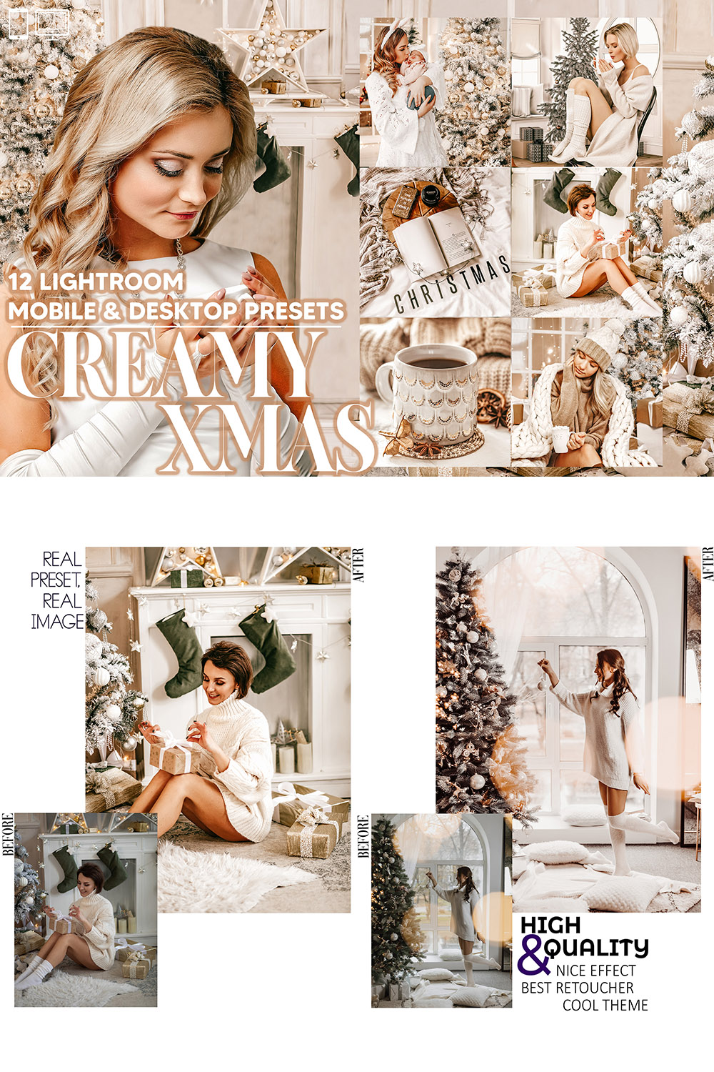 12 Creamy Xmas Lightroom Presets, Christmas Mobile Preset, Winter Desktop, Blogger And Lifestyle Theme Instagram LR Filter DNG Portrait pinterest preview image.