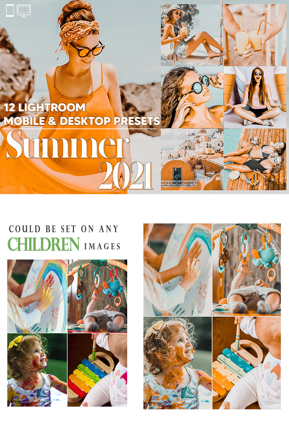 12 Summer 2021 Lightroom Presets, Peachy Mobile Preset, Orange Bright Desktop LR Filter DNG Blogger Lifestyle Theme For Portrait Instagram pinterest preview image.