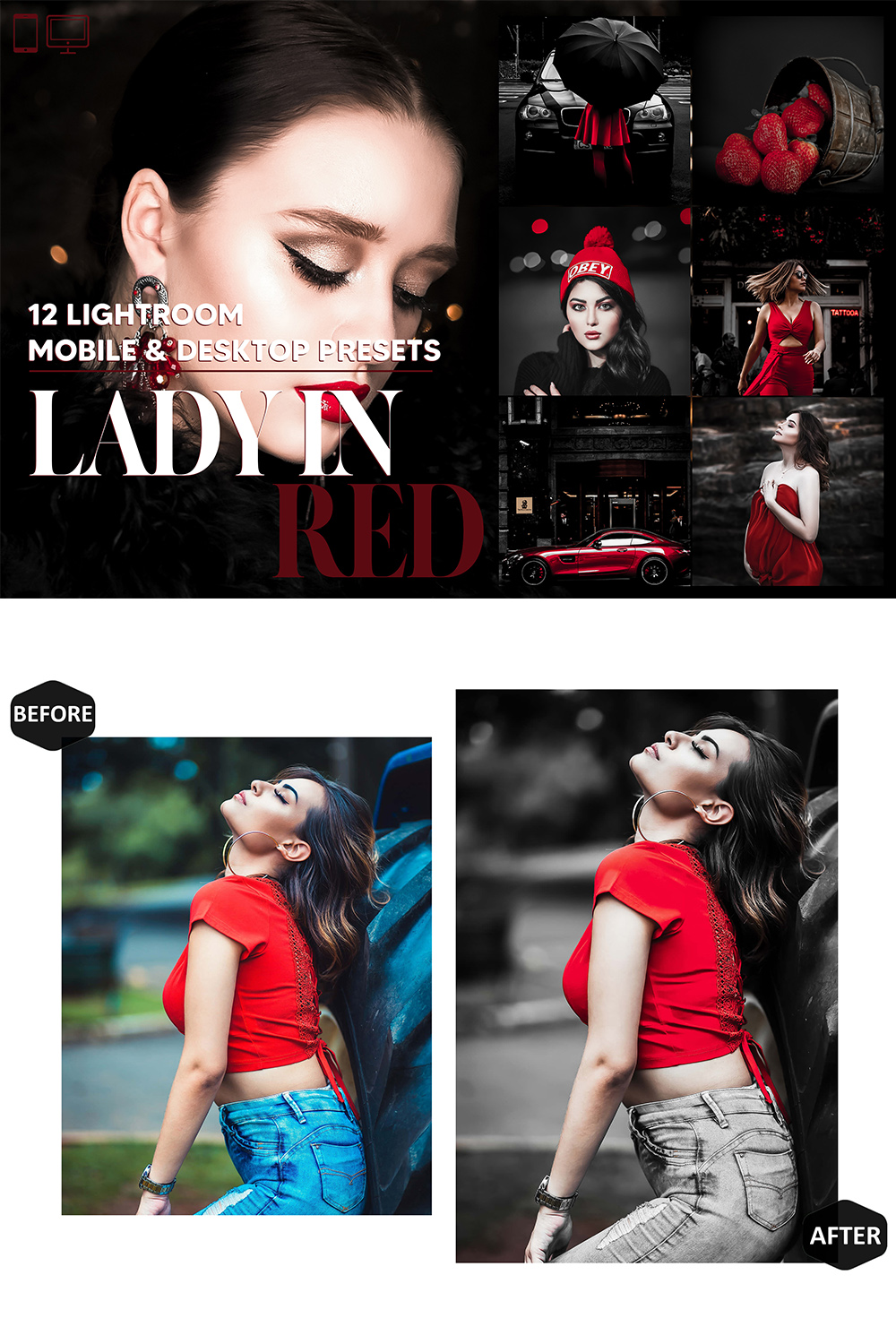12 Lady In Red Lightroom Presets, Monochrome Mobile Preset, Women In Color Desktop, Blogger, DNG Lifestyle And Portrait Theme For Instagram pinterest preview image.