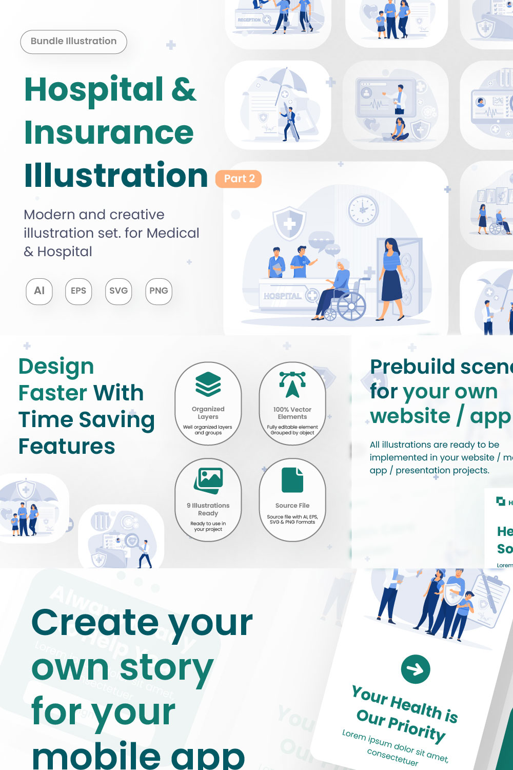 Hospital & Insurance Illustration pinterest preview image.