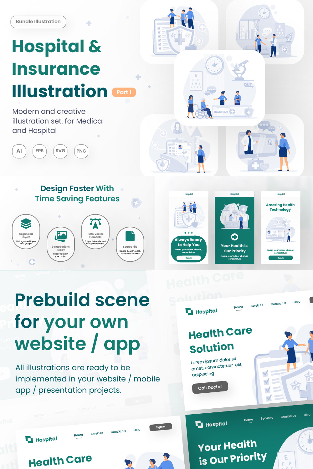 Hospital & Insurance Illustration Package pinterest preview image.