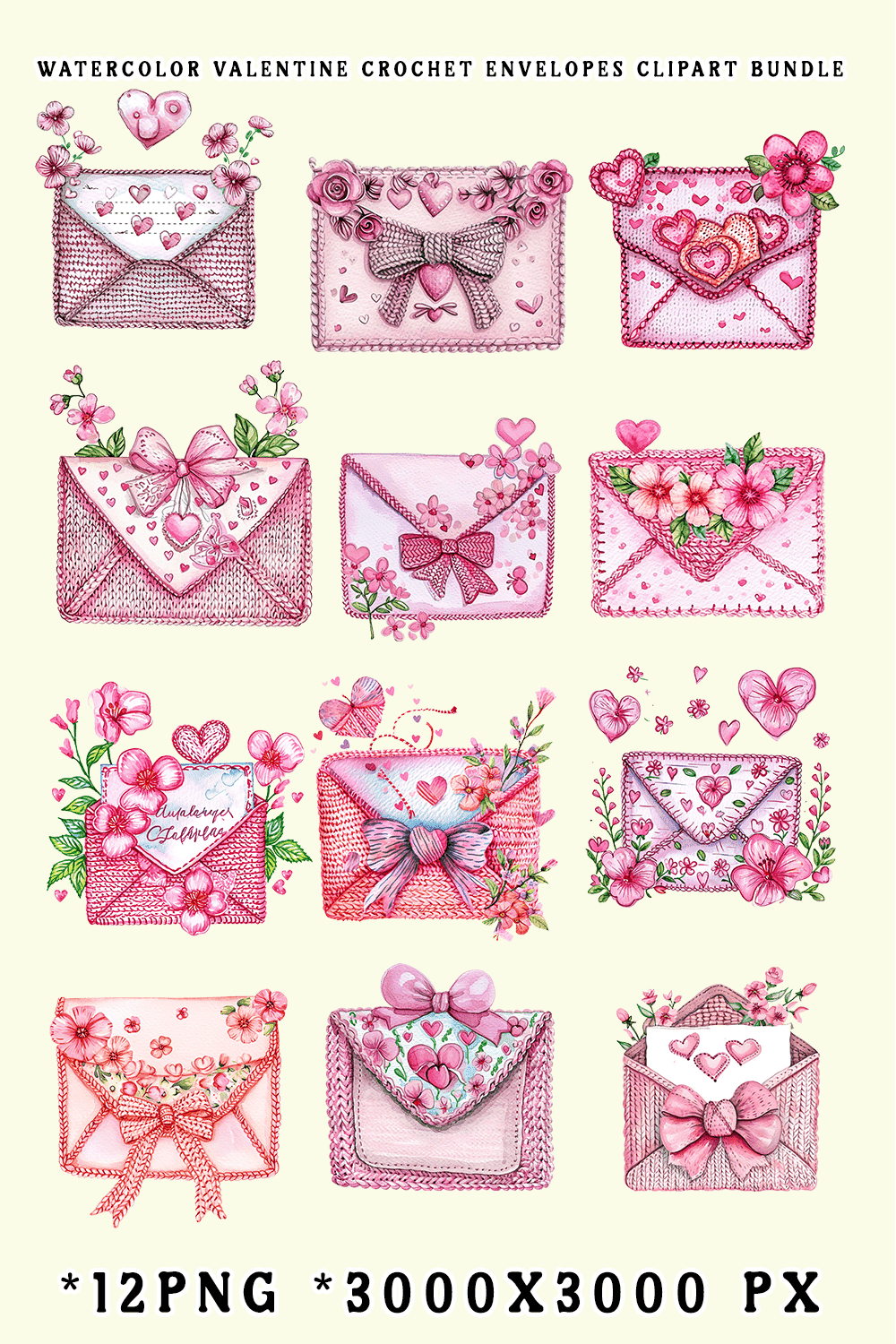 Watercolor Valentine Crochet Envelopes Clipart Bundle pinterest preview image.