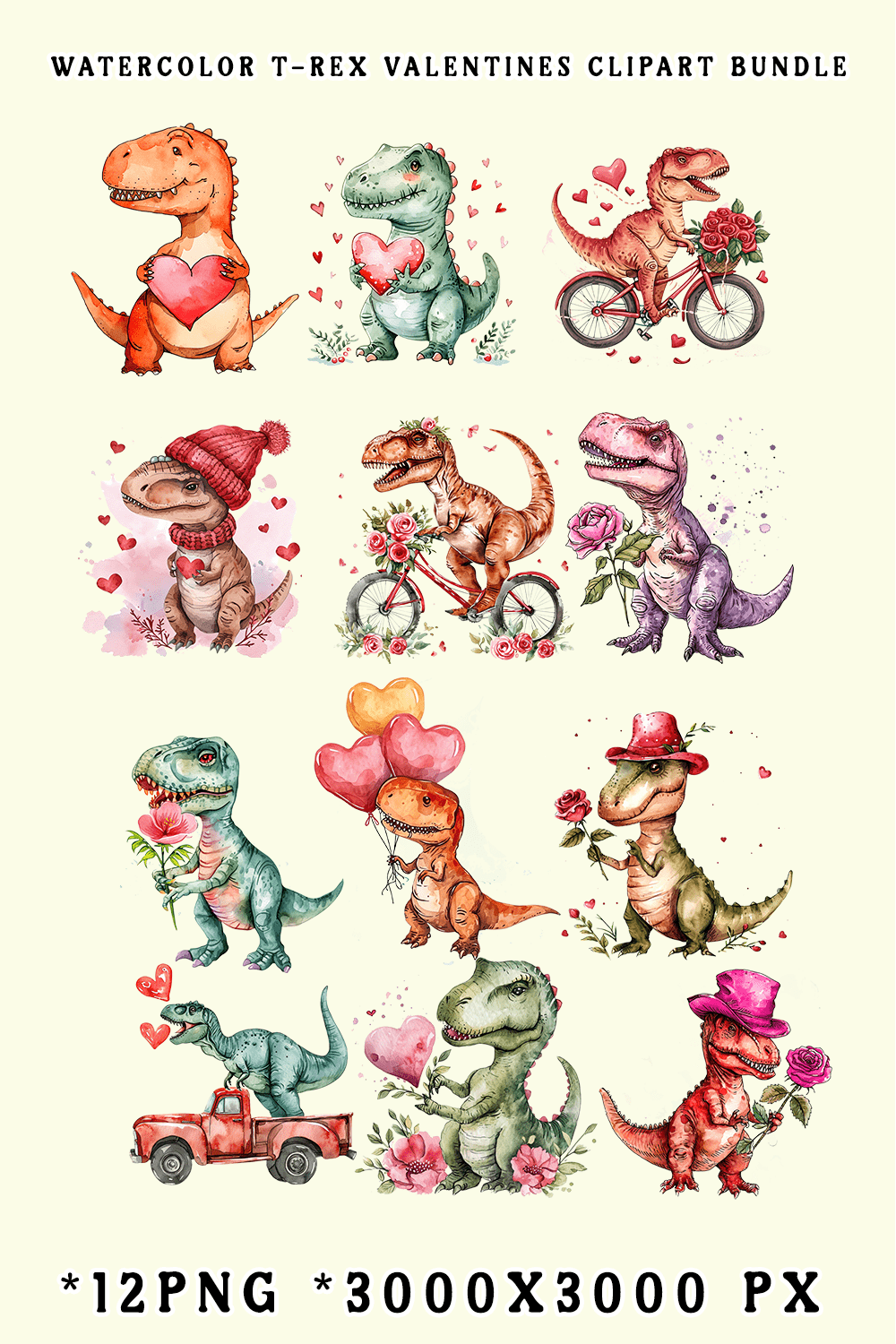 Watercolor T-Rex Valentines Clipart Bundle pinterest preview image.