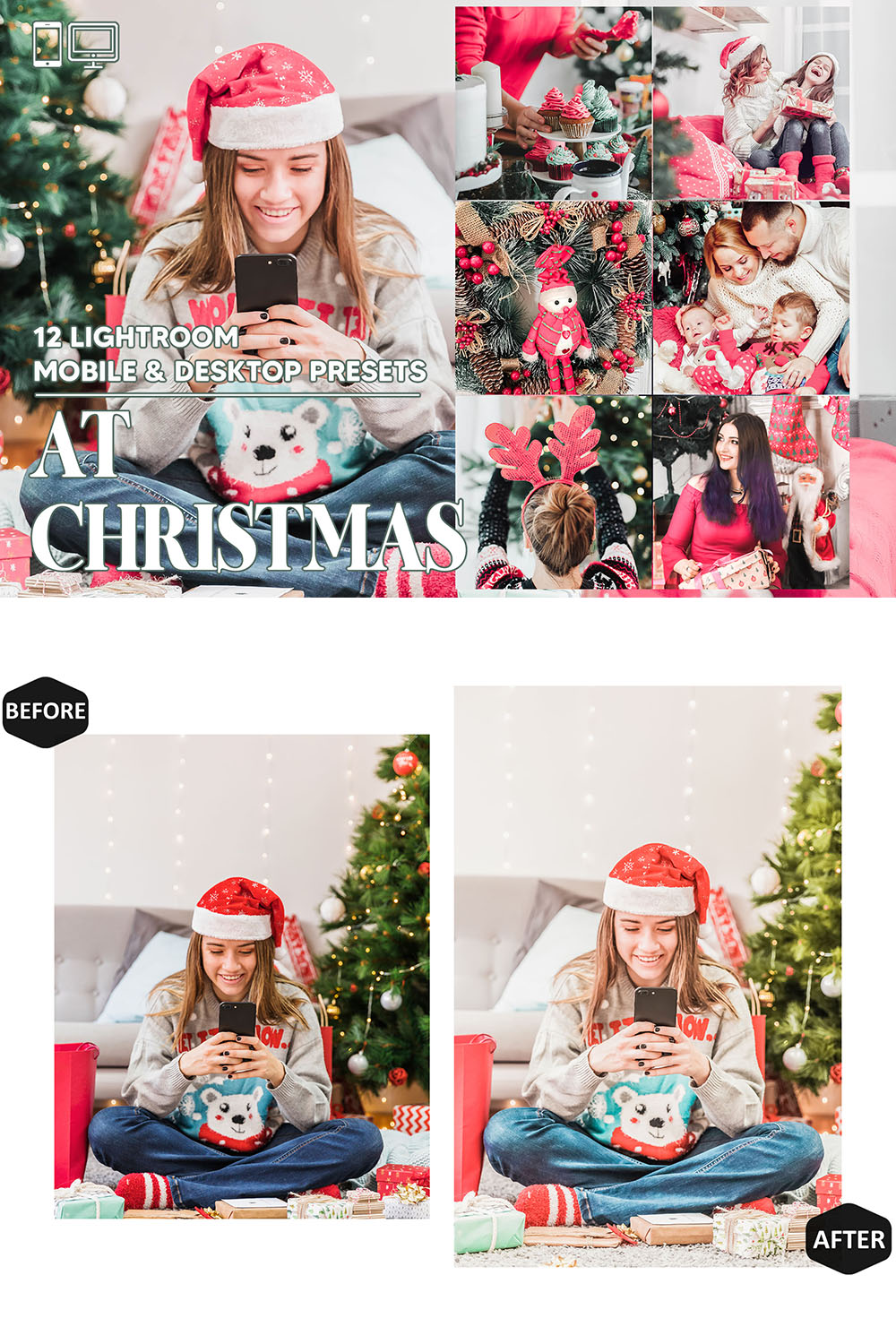 12 At Christmas Lightroom Presets, Winter Mobile Preset, Bright Desktop LR Lifestyle DNG Instagram Holiday Filter Theme Portrait Season pinterest preview image.