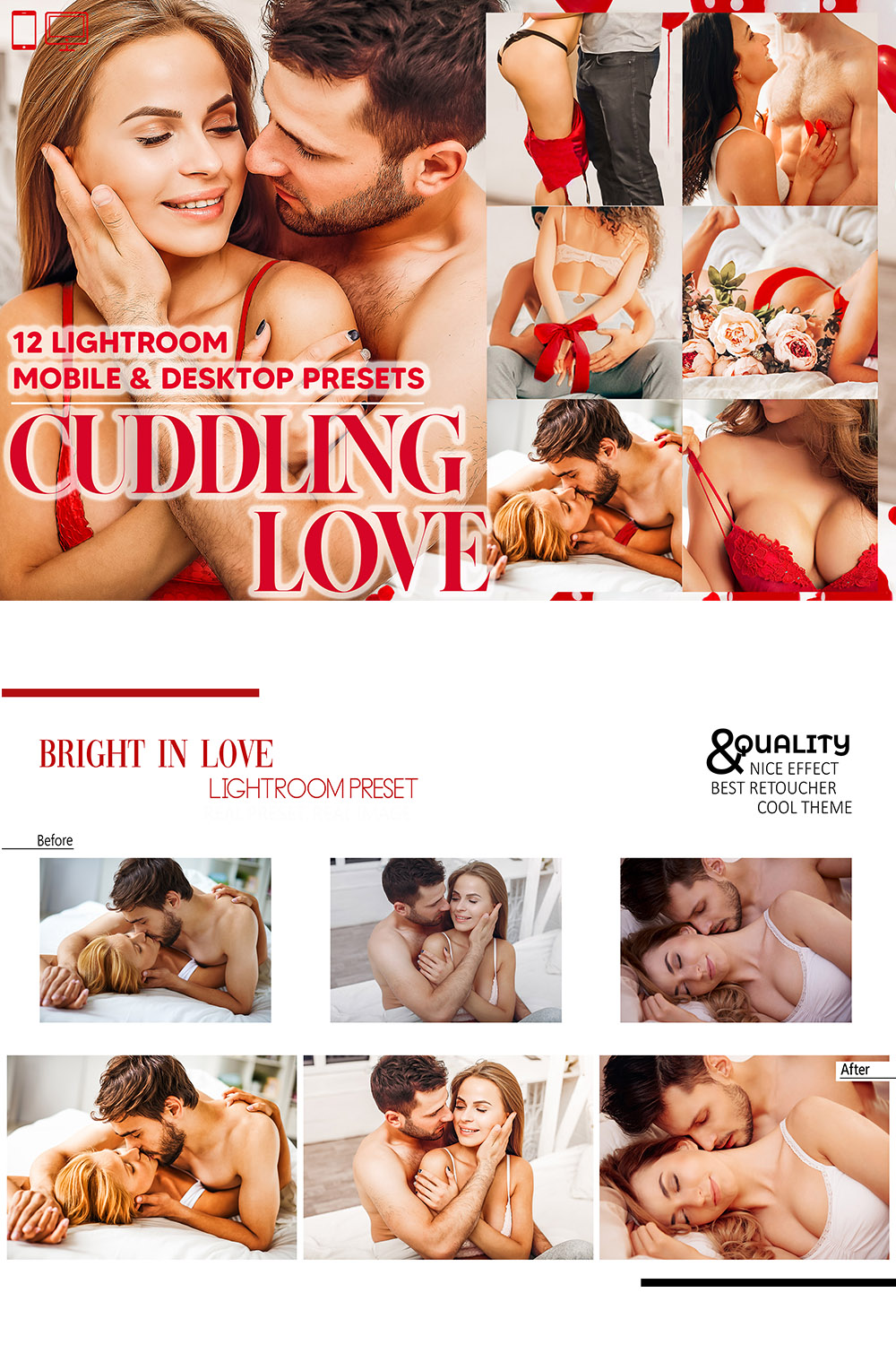 12 Cuddling Love Lightroom Presets, Romance Mobile Preset, Valentine Sexy Desktop, Lifestyle Portrait Theme Instagram LR Filter DNG Warm pinterest preview image.