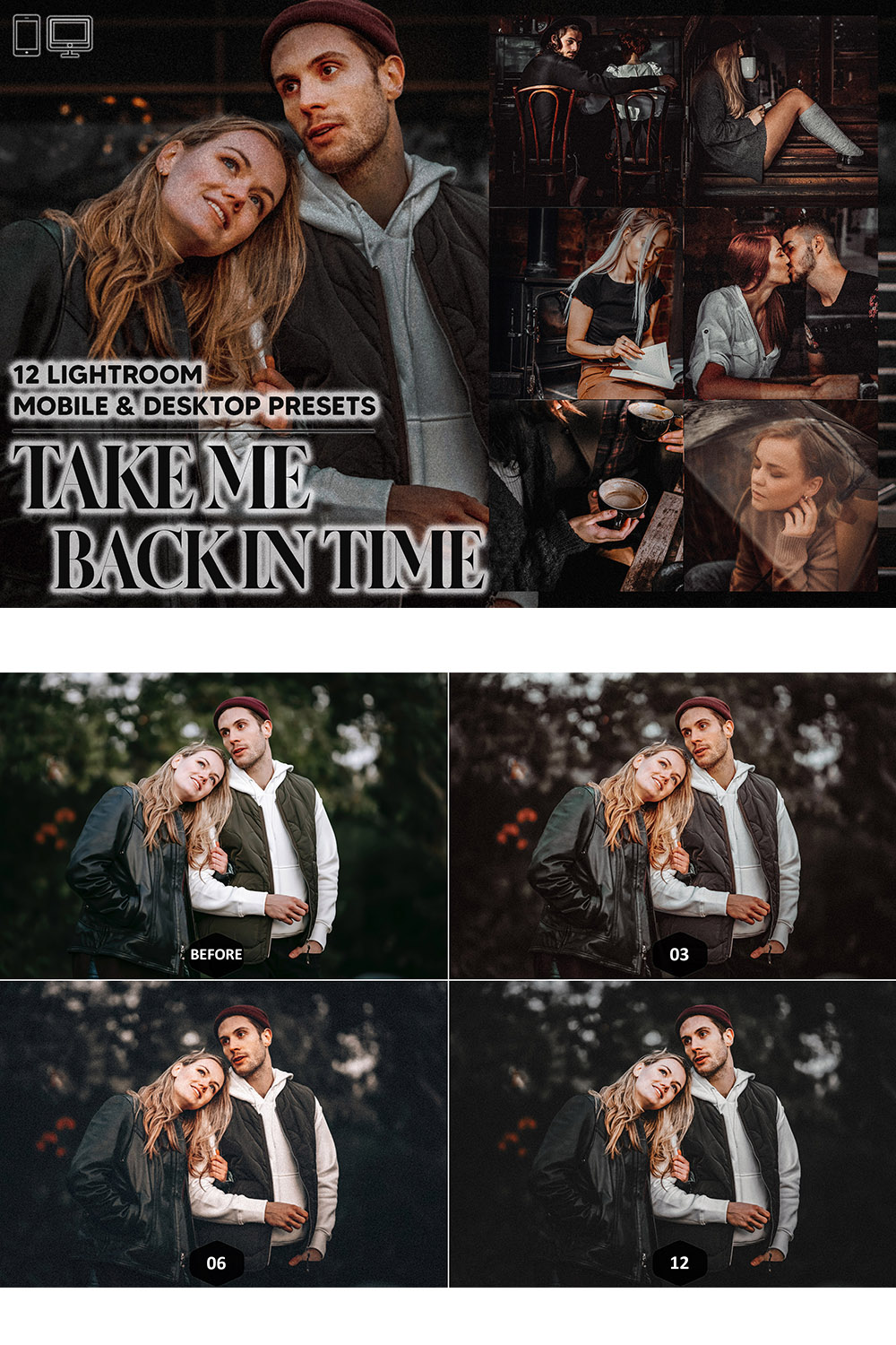 12 Take Me Back In Time Lightroom Presets, Moody And Grainy Mobile Preset, Vintage Desktop Portrait Lifestyle Theme Instagram LR Filter DNG pinterest preview image.