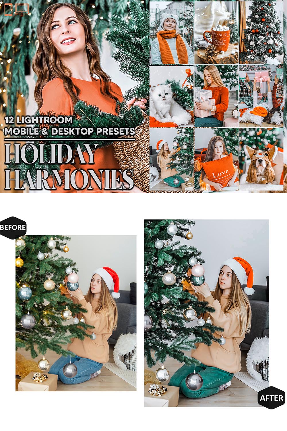 12 Holiday Harmonies Lightroom Presets, Xmas Mobile Preset, Christmas Desktop LR Filter Scheme Lifestyle Theme For Portrait, Instagram DNG pinterest preview image.