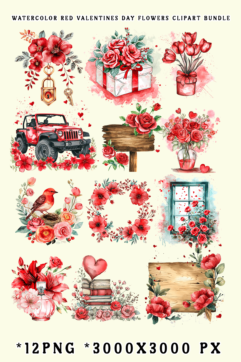 Watercolor Red Valentines Day Flowers Clipart Bundle pinterest preview image.
