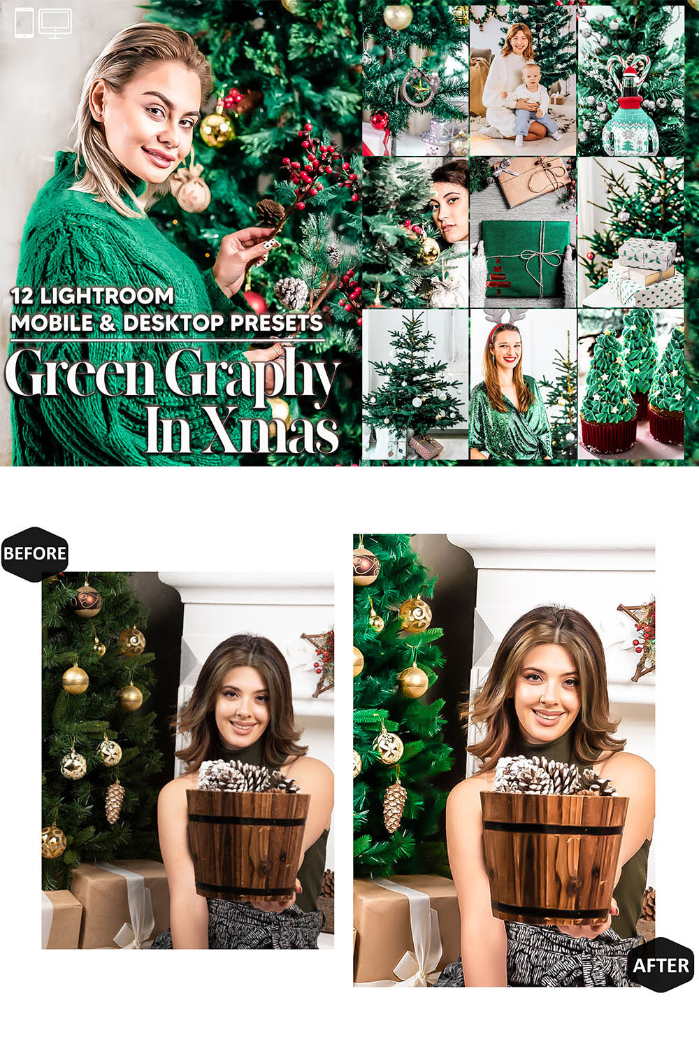 12 Green Graphy In Xmas Lightroom Presets, Bright Christmas Mobile Preset, Clean Desktop LR Filter DNG Portrait Instagram Theme For Lifestyle, Scheme pinterest preview image.