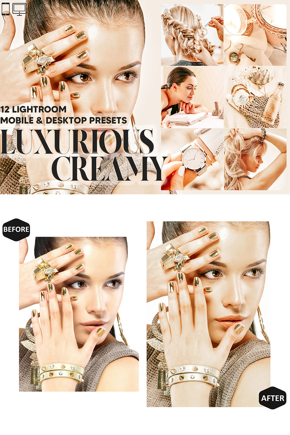 12 Luxurious Creamy Lightroom Presets, Nude Tone Mobile Preset, Vanilla Bright Desktop, Lifestyle Portrait Theme For Instagram LR Filter DNG pinterest preview image.