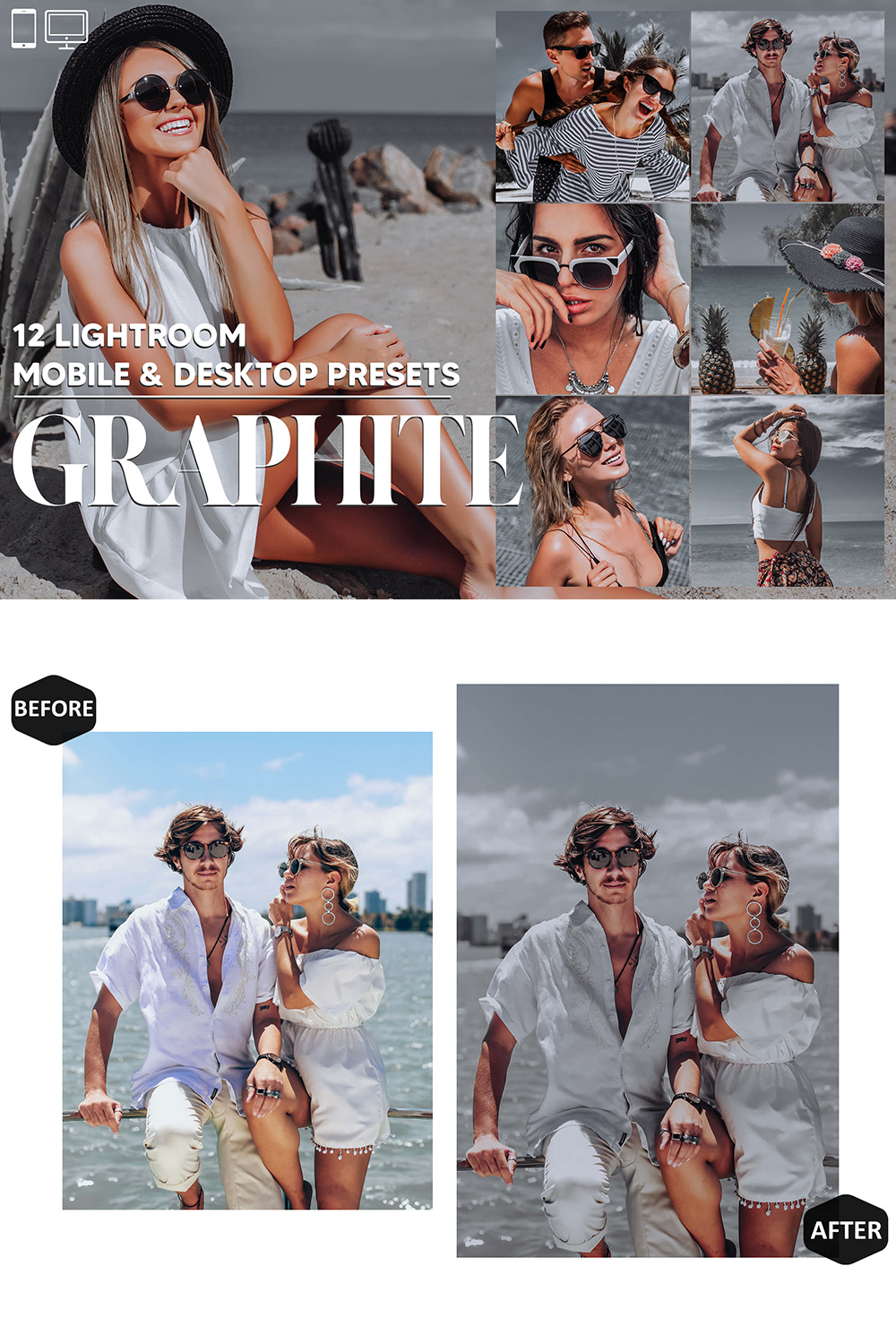 12 Graphite Lightroom Presets, Smooky Gray Mobile Preset, Grey Desktop, Portrait And Lifestyle Theme For Instagram, Blogger LR Filter DNG pinterest preview image.