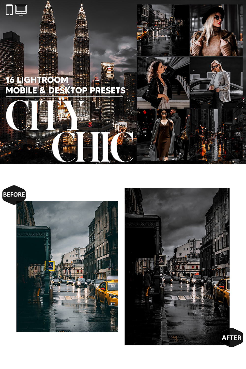 16 City Chic Lightroom Presets, Moody Urban Mobile Preset, Town Desktop LR Filter, DNG Instagram And Blogger Theme For Portrait, Lifestyle pinterest preview image.