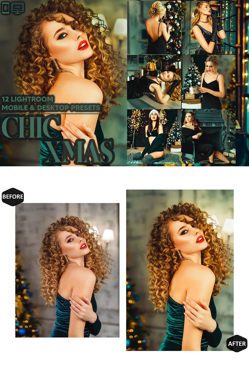 12 Christmas Lightroom Presets, Chic Xmas Mobile Preset, Winter Desktop, Lifestyle Portrait Theme For Instagram LR Filter DNG Holiday Lux pinterest preview image.