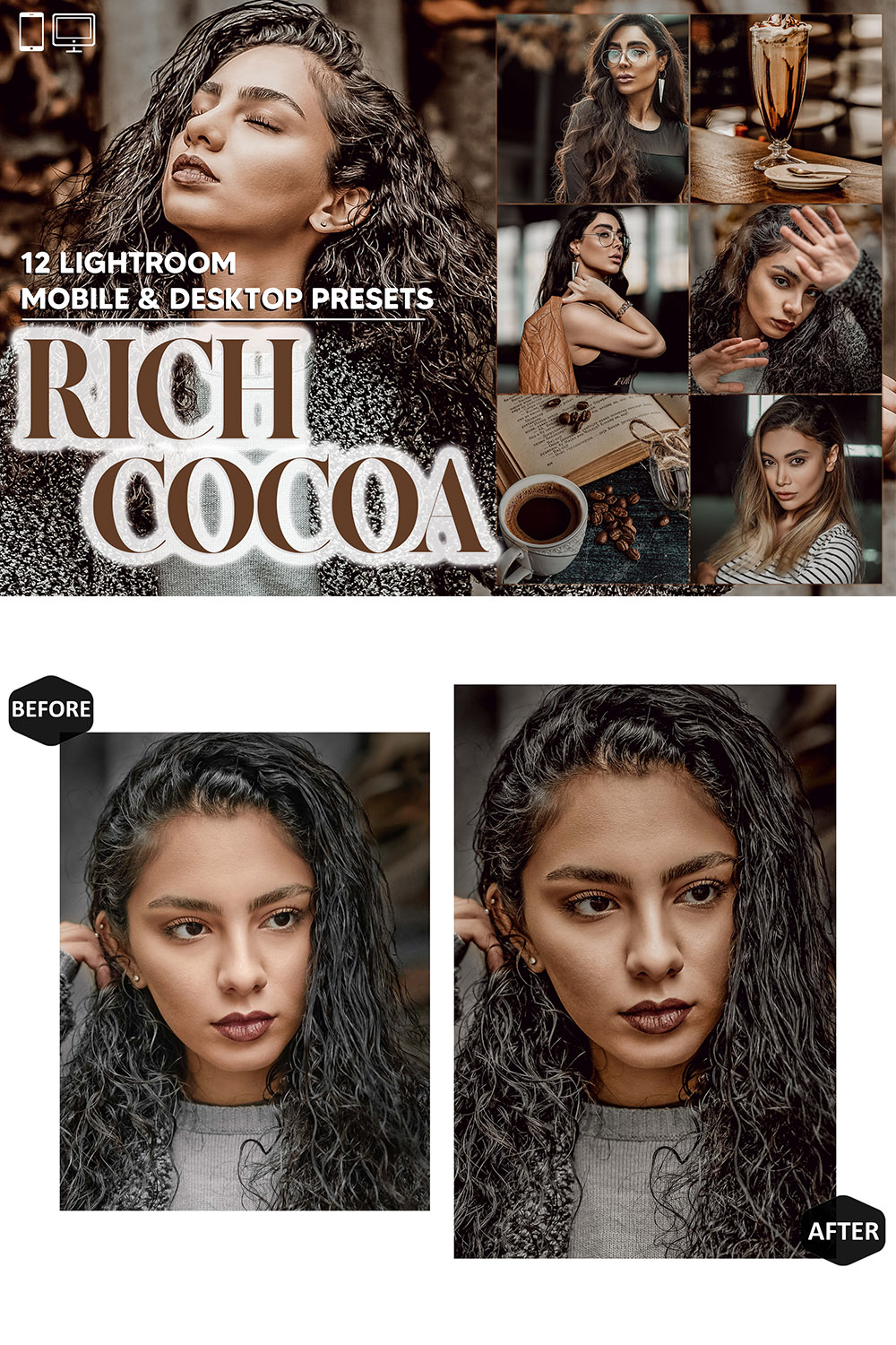12 Rich Cocoa Lightroom Presets, Brown Mobile Preset, Hot Coffee Desktop, Blogger Portrait, And Lifestyle Theme For Instagram, LR Filter DNG pinterest preview image.