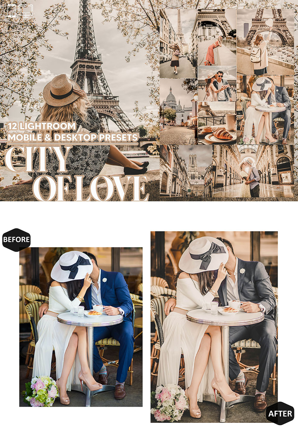 12 City Of Love Lightroom Presets, Paris Warm Mobile Preset, Romantic Desktop LR Filter Lifestyle Theme For Blogger Portrait Instagram pinterest preview image.