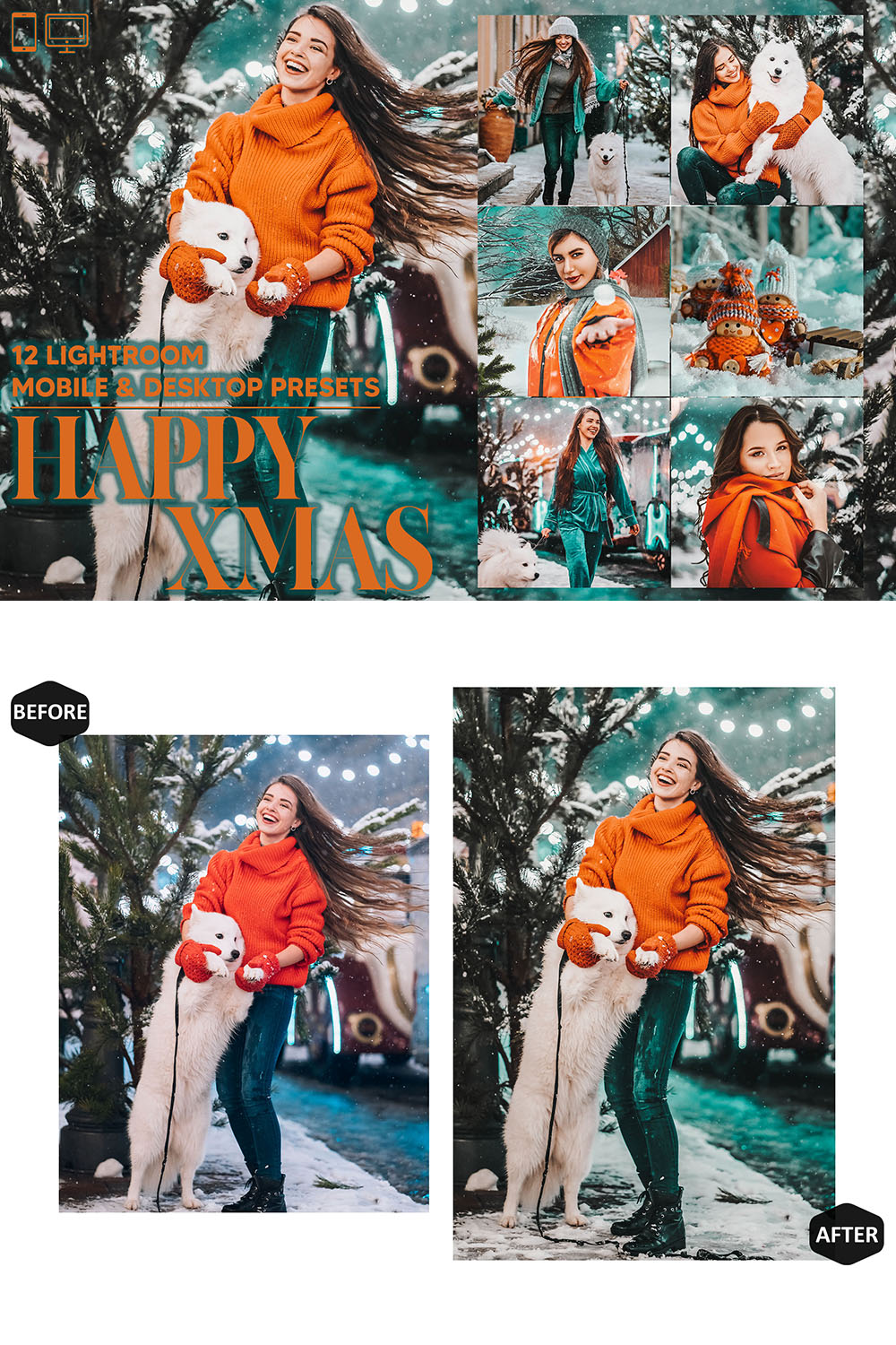12 Christmas Lightroom Presets, Happy Xmas Mobile Preset, Holiday Desktop, Lifestyle Portrait Theme For Instagram LR Filter DNG Bright pinterest preview image.