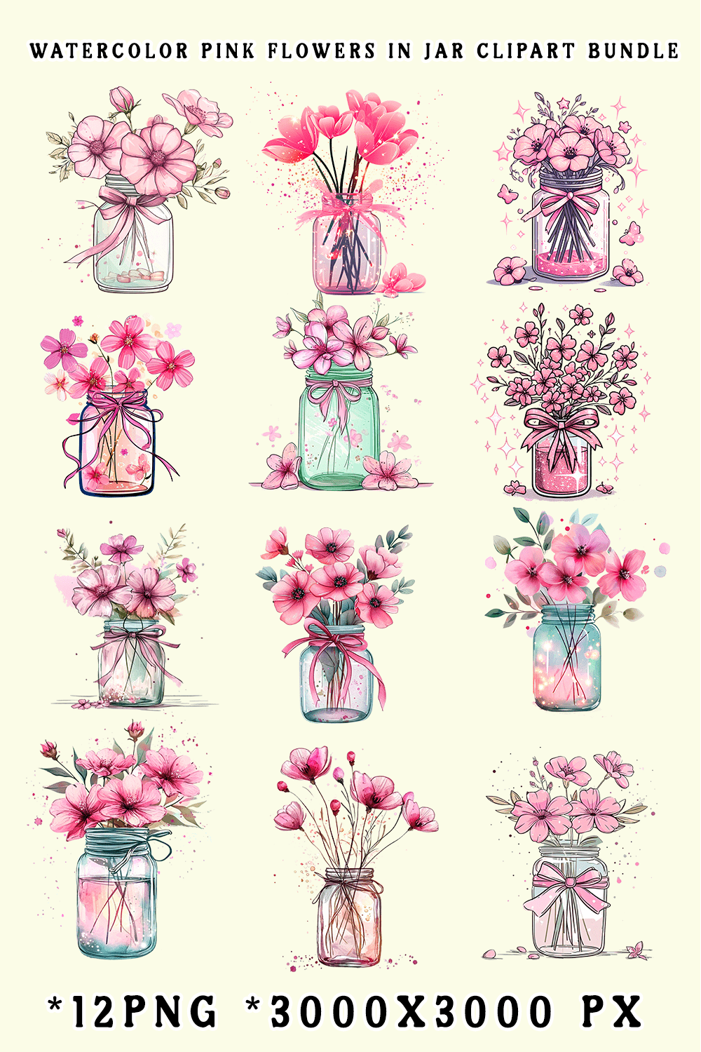 Watercolor Pink Flowers in Jar Clipart Bundle pinterest preview image.