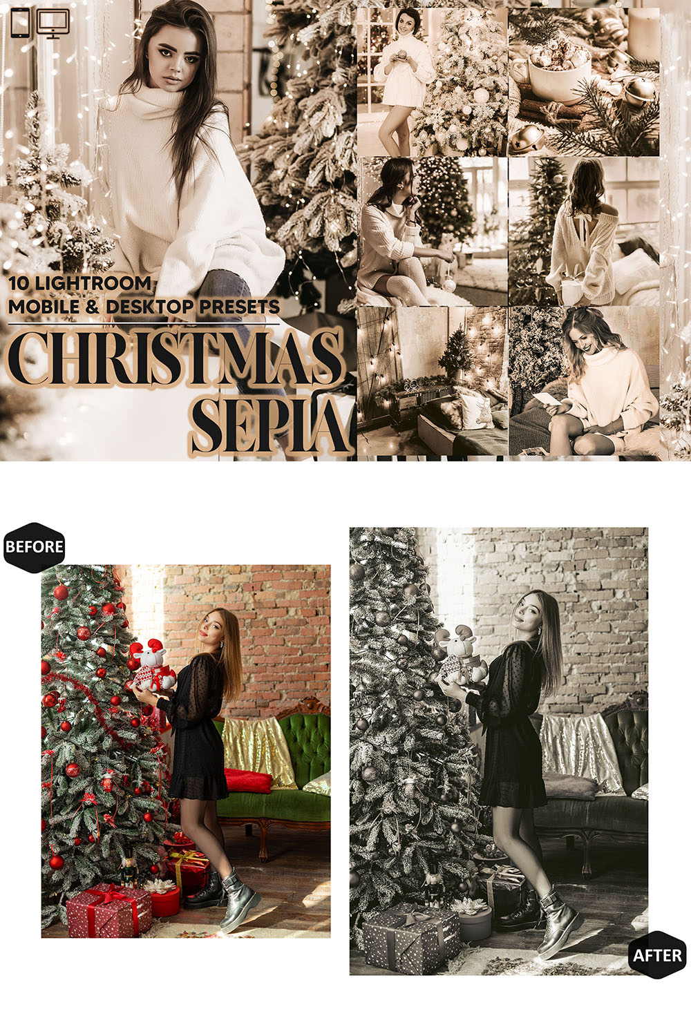 10 Christmas Sepia Lightroom Presets, B&W Xmas Mobile Preset, Winter Desktop, Lifestyle Portrait Theme For Instagram LR Filter DNG Holiday pinterest preview image.