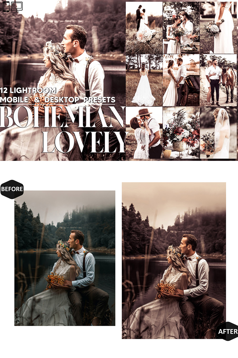12 Bohemian Lovely Lightroom Presets, Bright Mobile Editing, Bride Desktop LR Filter DNG Influencer Instagram Theme, Vintage Hue, Blogger CC pinterest preview image.