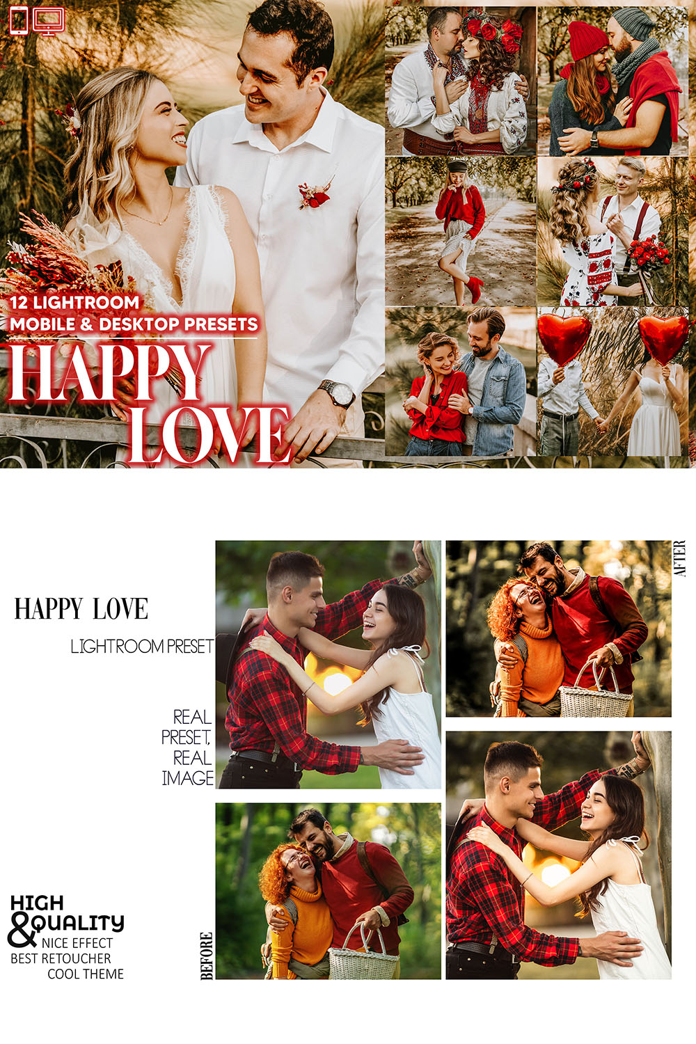 12 Happy Love Lightroom Presets, Romance Mobile Preset, Bright Desktop, Blogger And Lifestyle Theme Instagram LR Filter DNG Portrait Warm pinterest preview image.