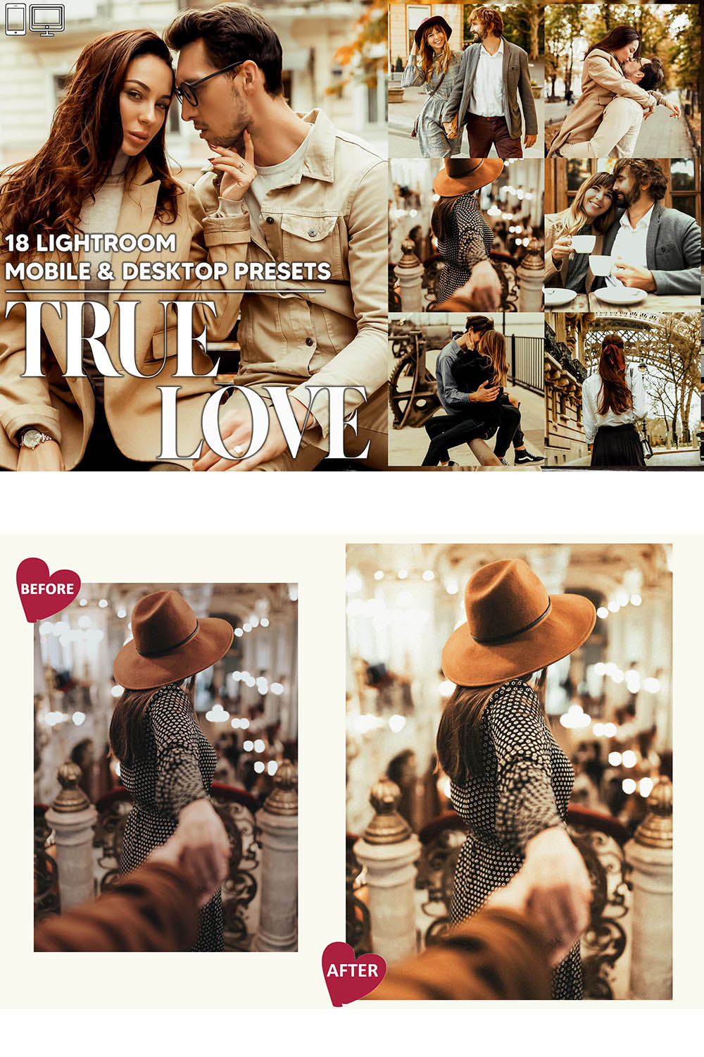 18 True Love Lightroom Presets, Romance Mobile Preset, Warm Desktop LR Lifestyle DNG Instagram Vintage Filter Theme Portrait Season pinterest preview image.
