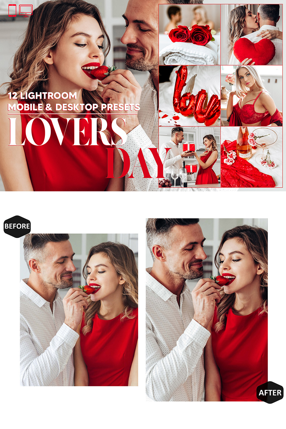 12 Lovers Day Lightroom Presets, Valentine Mobile Preset, Romance Desktop LR Filter, Blogger, DNG Lifestyle And Portrait Theme For Instagram pinterest preview image.