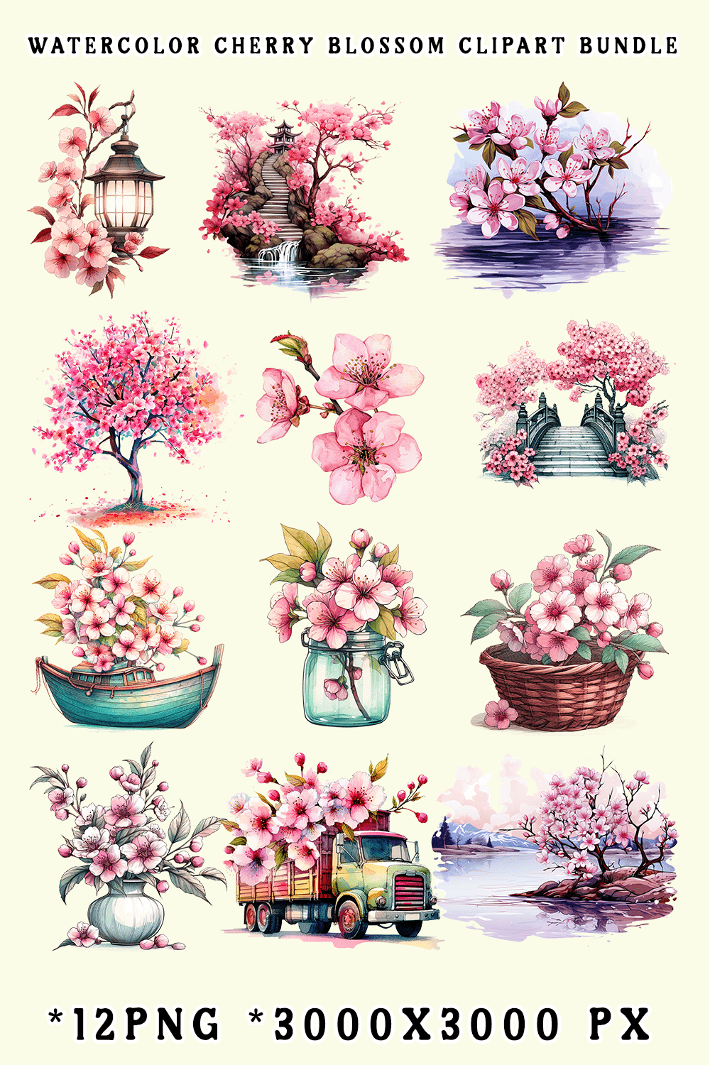 Watercolor Cherry Blossom Clipart Bundle pinterest preview image.
