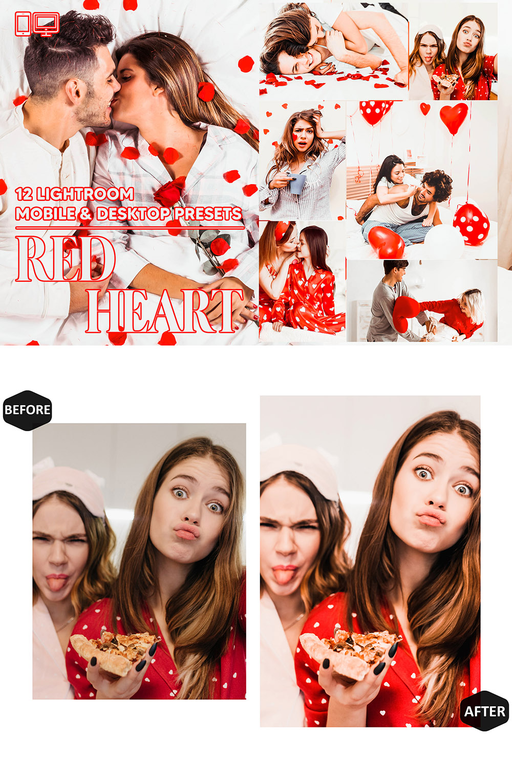 12 Red Heart Lightroom Presets, Love Mobile Preset, Vibrant Desktop LR Lifestyle DNG Instagram Valentine Filter Theme Portrait Season pinterest preview image.