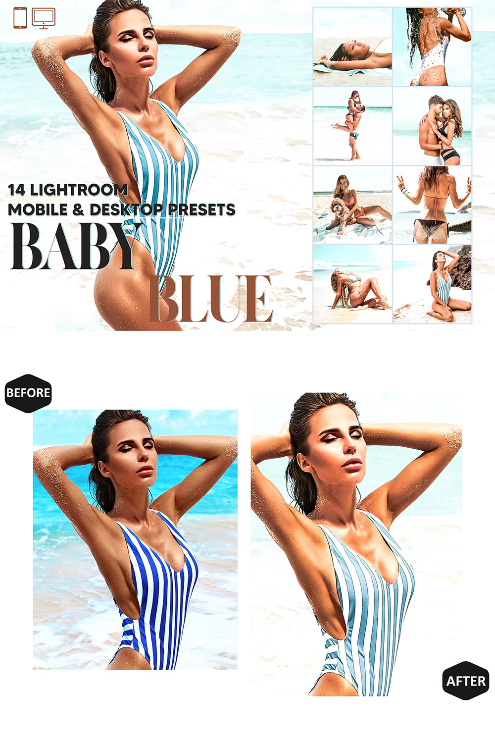 14 Baby Blue Lightroom Presets, Aqua Mobile Editing, Pool Bridge Desktop LR Filter DNG Influencer Instagram Theme, Glow Hue, Blogger CC pinterest preview image.