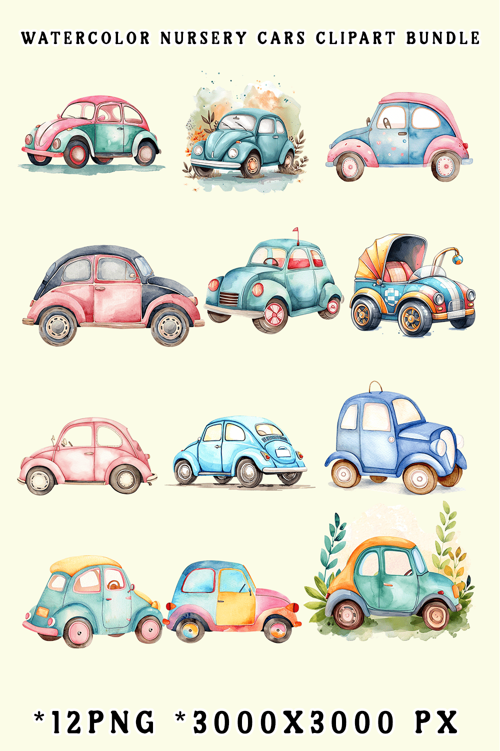 Watercolor Nursery Cars Clipart Bundle pinterest preview image.