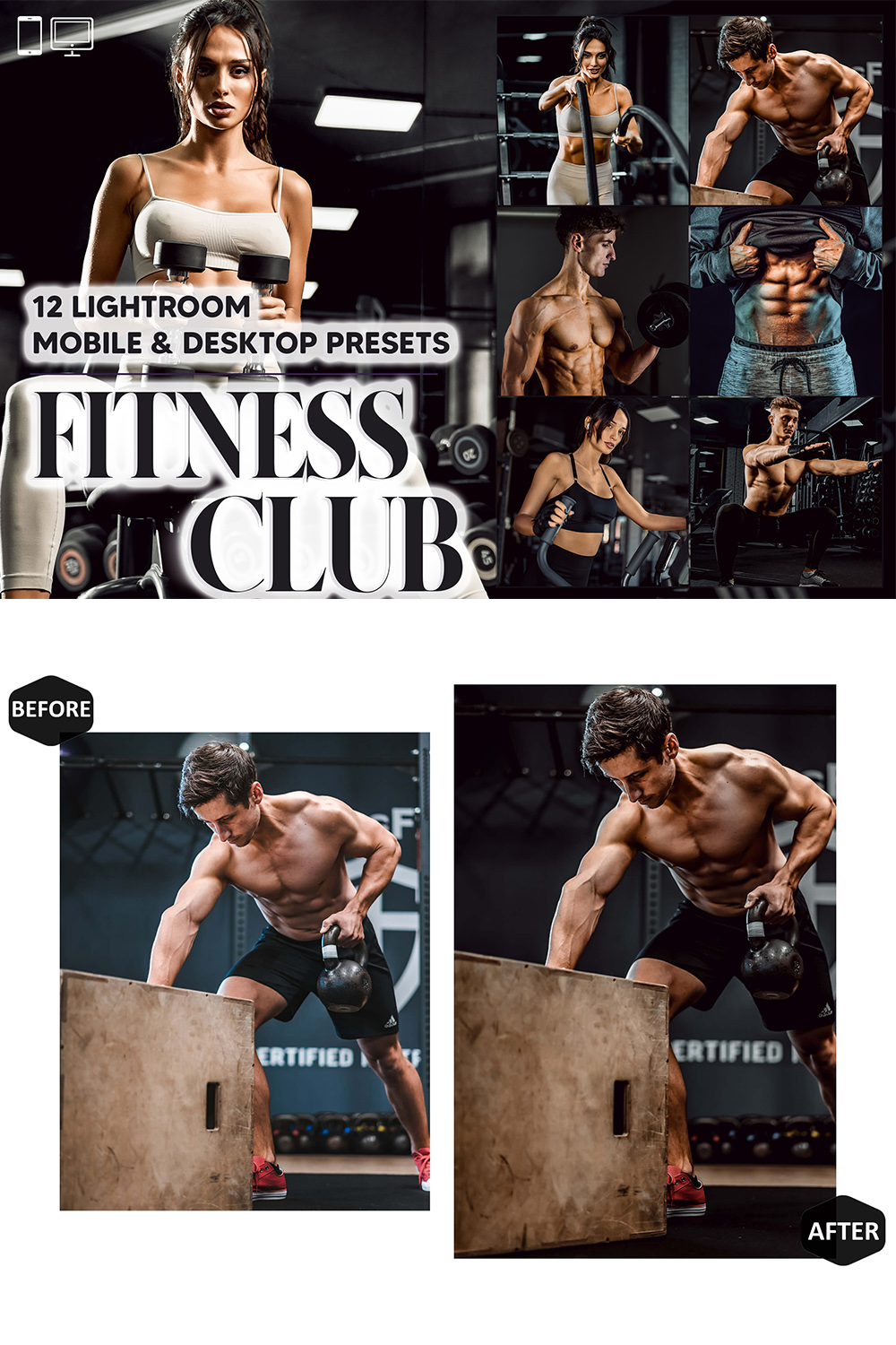 12 Fitness Club Lightroom Presets, Bodybuilding Mobile Preset, Sport Desktop, Lifestyle Blogger Theme For Instagram, LR Filter DNG Portrait pinterest preview image.