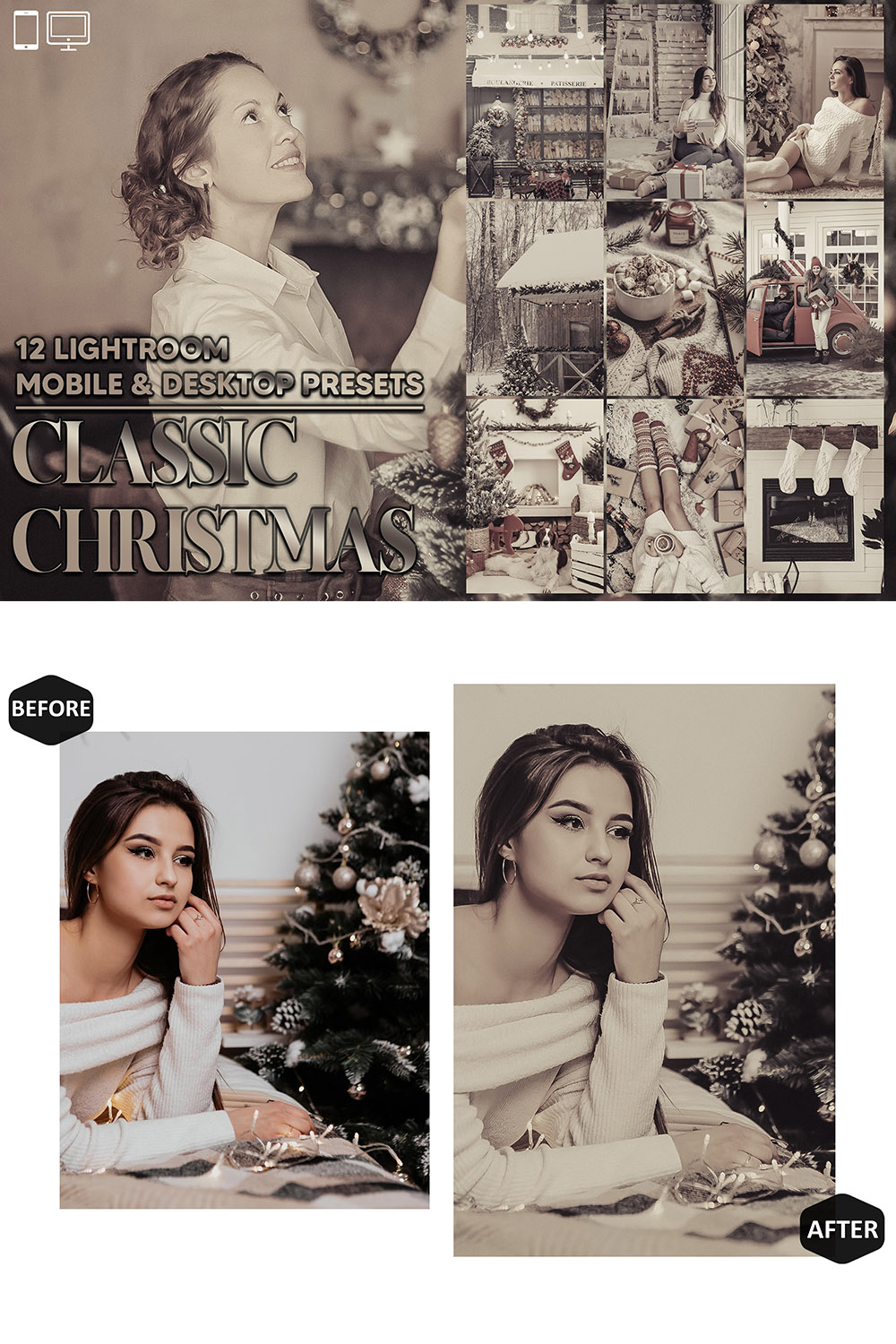 12 Classic Christmas Lightroom Presets, Vintage Mobile Preset, December Desktop LR Filter Scheme Lifestyle Theme For Portrait, Instagram pinterest preview image.