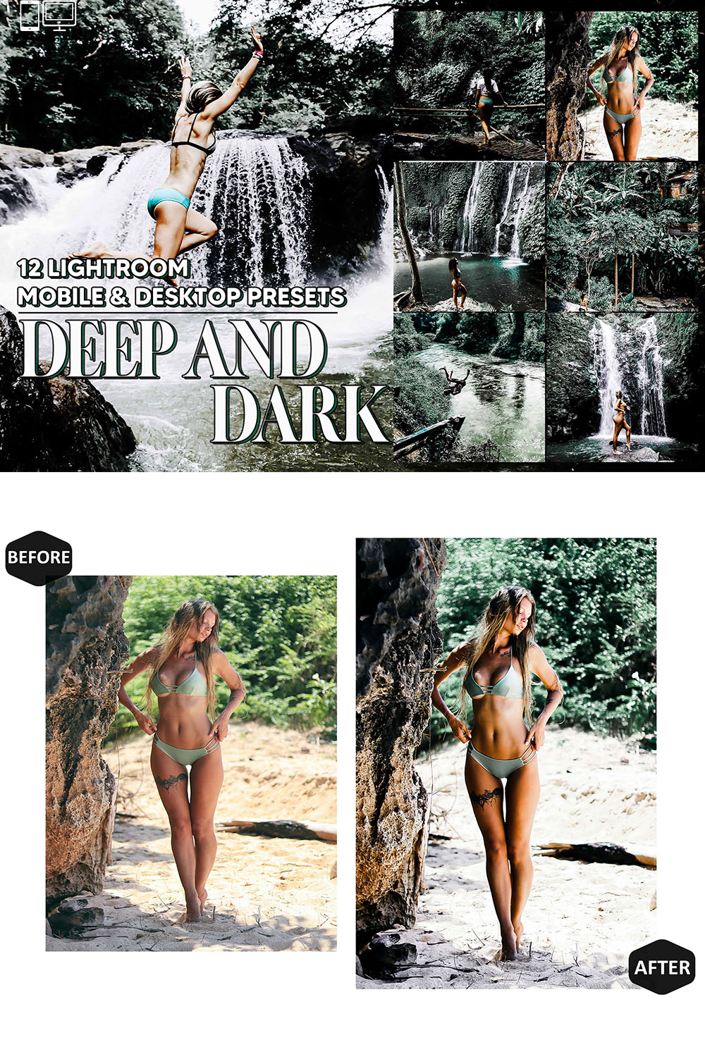 12 Deep And Dark Lightroom Presets, Moody Mobile Preset, Jungle Desktop LR Filter DNG Instagram Lifestyle Theme For , Portrait Summer Scheme pinterest preview image.