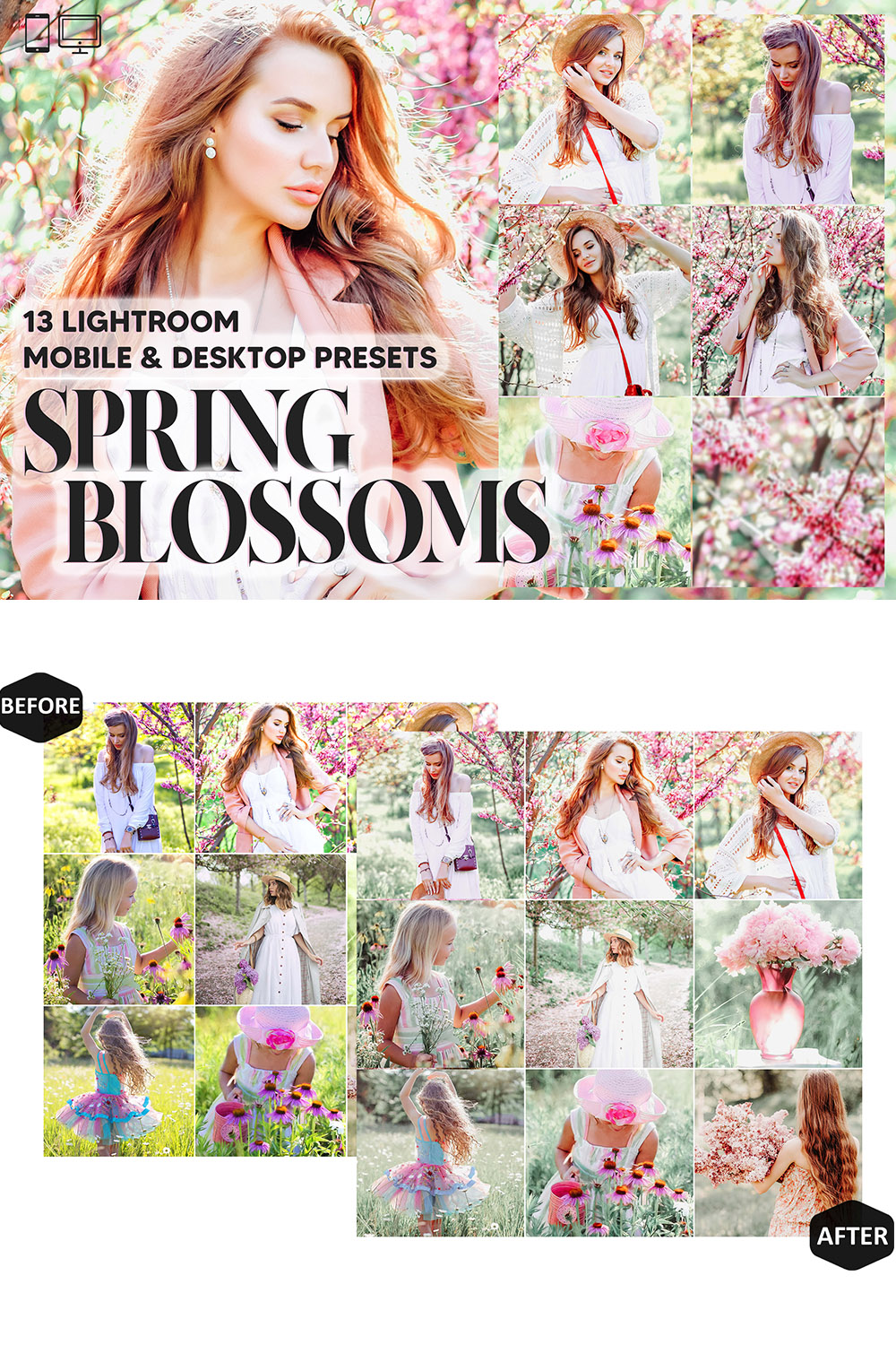 13 Spring Blossoms Lightroom Presets, Pastel Pink Mobile Preset, Natural Bright Desktop Lifestyle Portrait Theme For Instagram LR Filter DNG pinterest preview image.