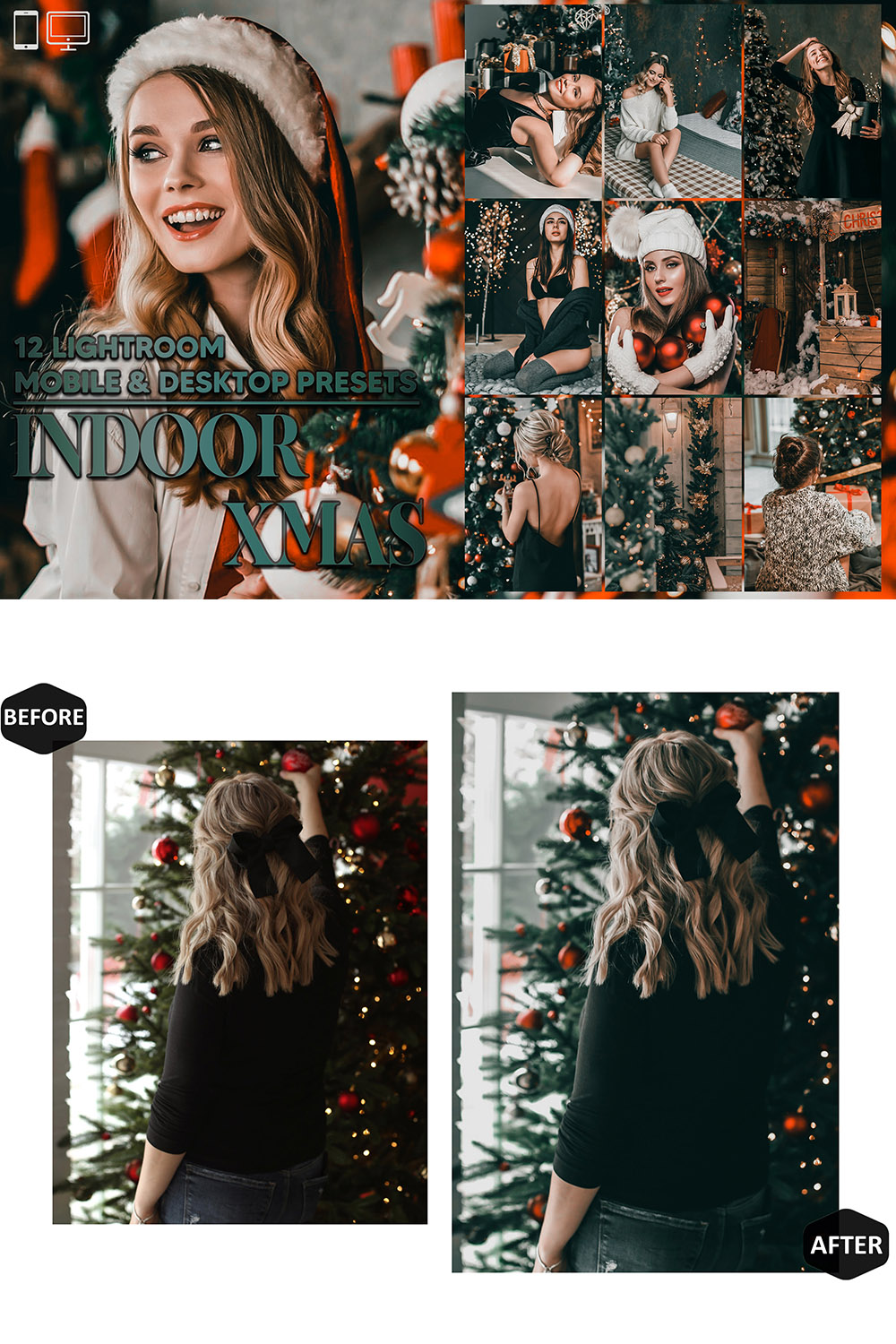 12 Indoor Xmas Lightroom Presets, Holiday Mobile Preset, Moody Christmas Desktop LR Filter Scheme Lifestyle Theme For Portrait, Instagram pinterest preview image.