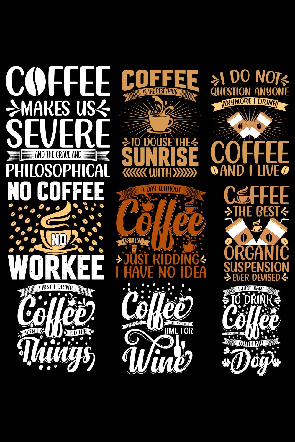9 Coffee Typography SVG Bundle T-shirt Design Vector Template pinterest preview image.