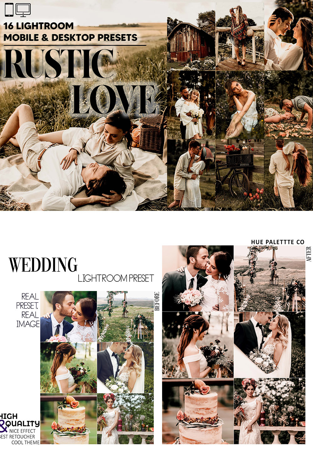 16 Rustic Love Lightroom Presets, Bohemian Mobile Preset, Boho Romantic Desktop LR Lifestyle DNG Instagram vintage Filter Theme Portrait pinterest preview image.