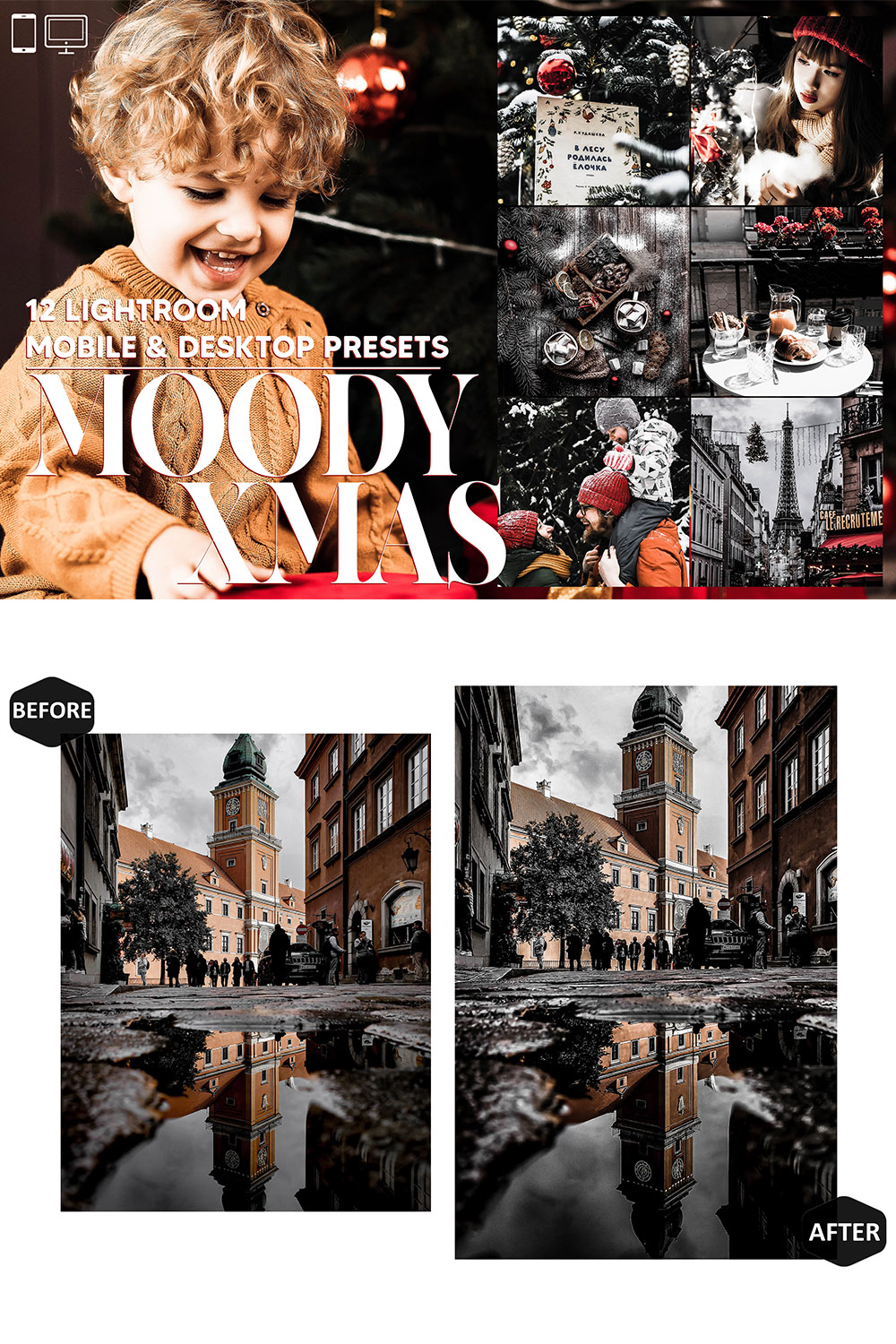 12 Moody Xmas Lightroom Presets, Christmas Mobile Preset, Holiday Desktop, Blogger And Lifestyle Theme For Instagram LR Filter DNG Portrait pinterest preview image.