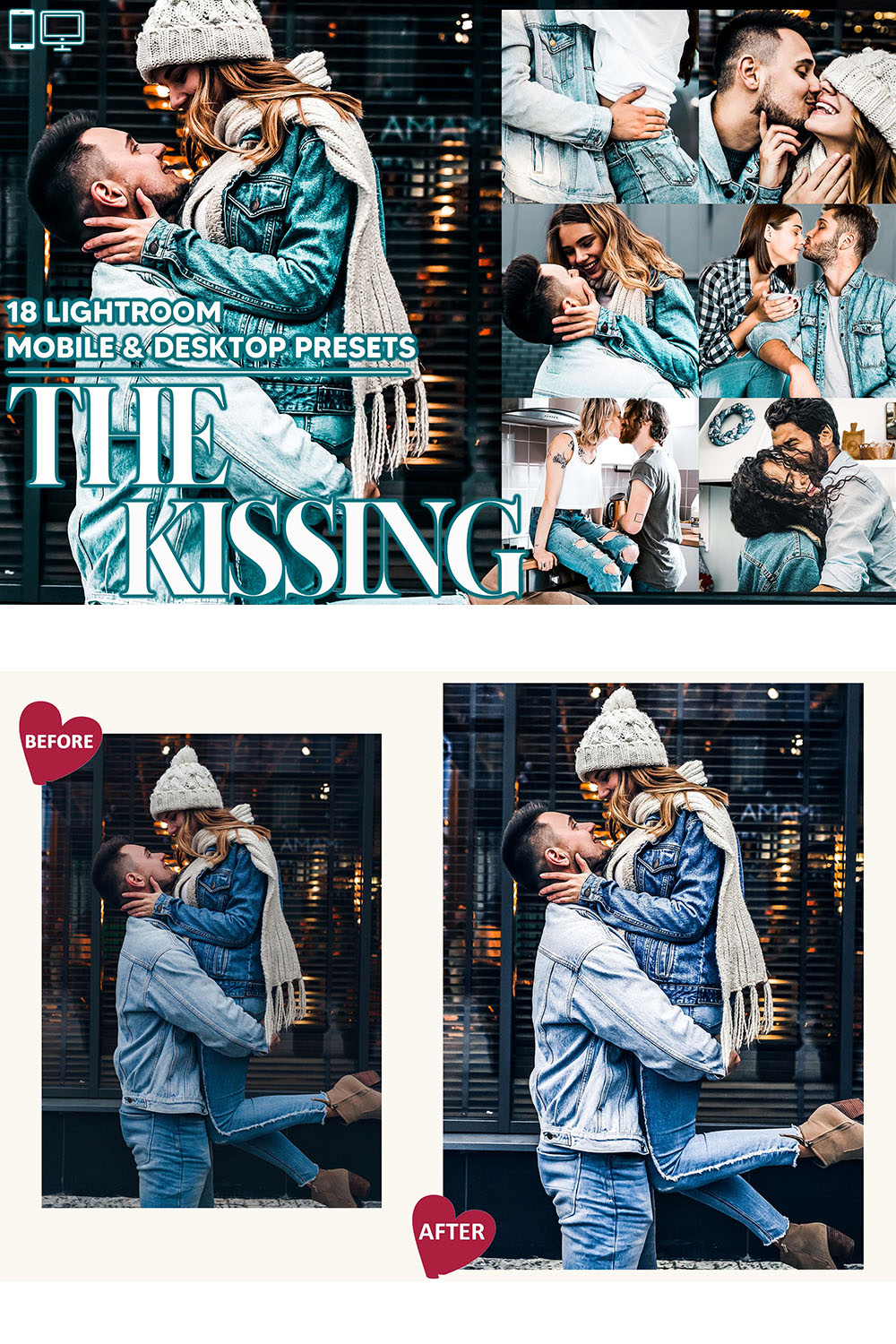18 The Kissing Lightroom Presets, Romantic Mobile Preset, Love Desktop LR Lifestyle DNG Instagram Moody Filter Theme Portrait Season pinterest preview image.
