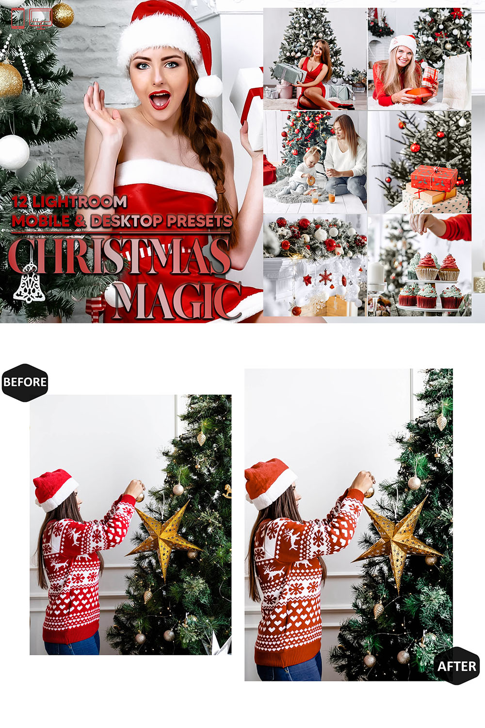 12 Christmas Magic Lightroom Presets, Red Xmas Preset, Green Holiday Desktop LR Filter DNG Lifestyle Theme For Blogger Portrait Instagram pinterest preview image.