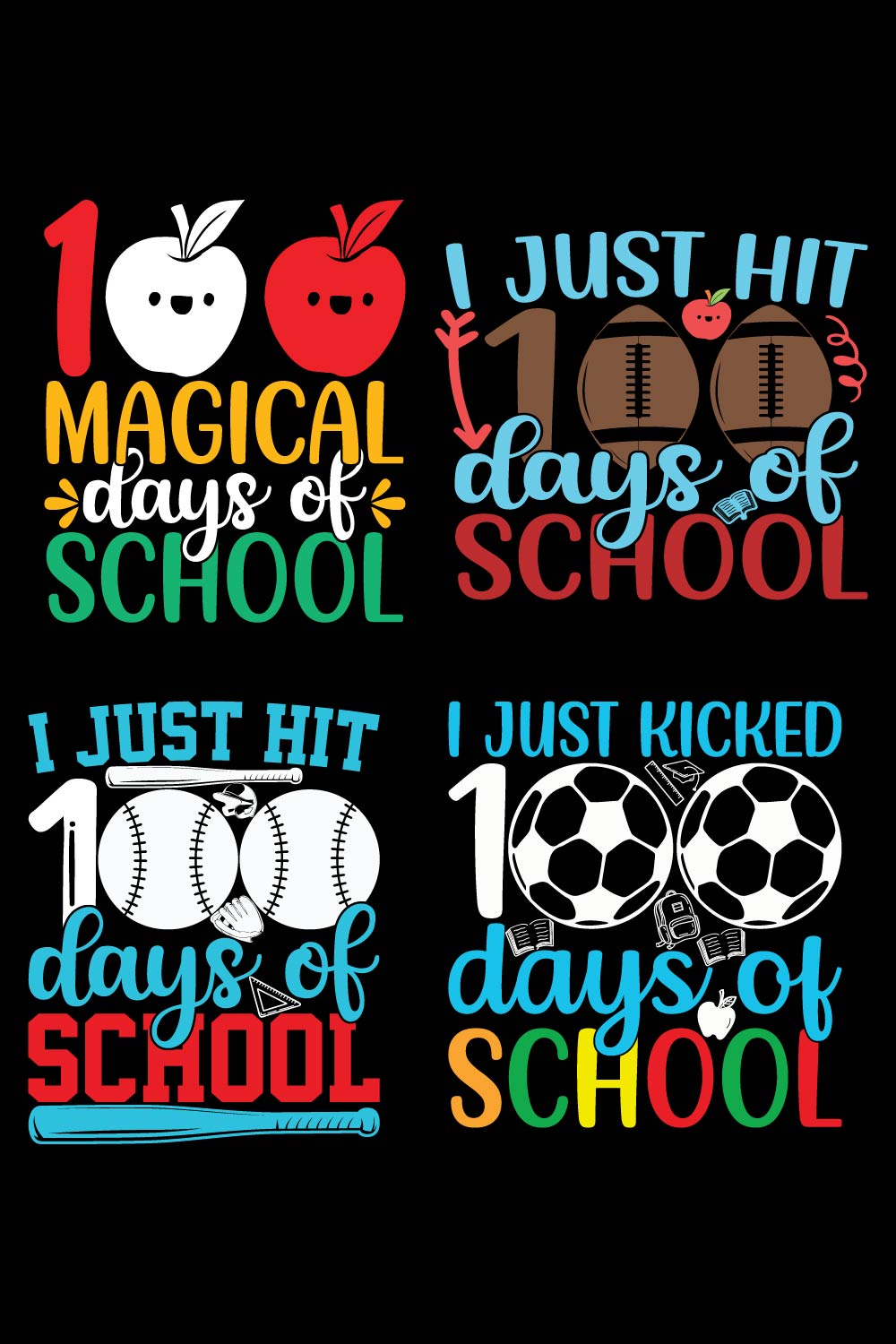 4 Typography 100 Days of School SVG Bundle T-shirt Design Vector Template pinterest preview image.
