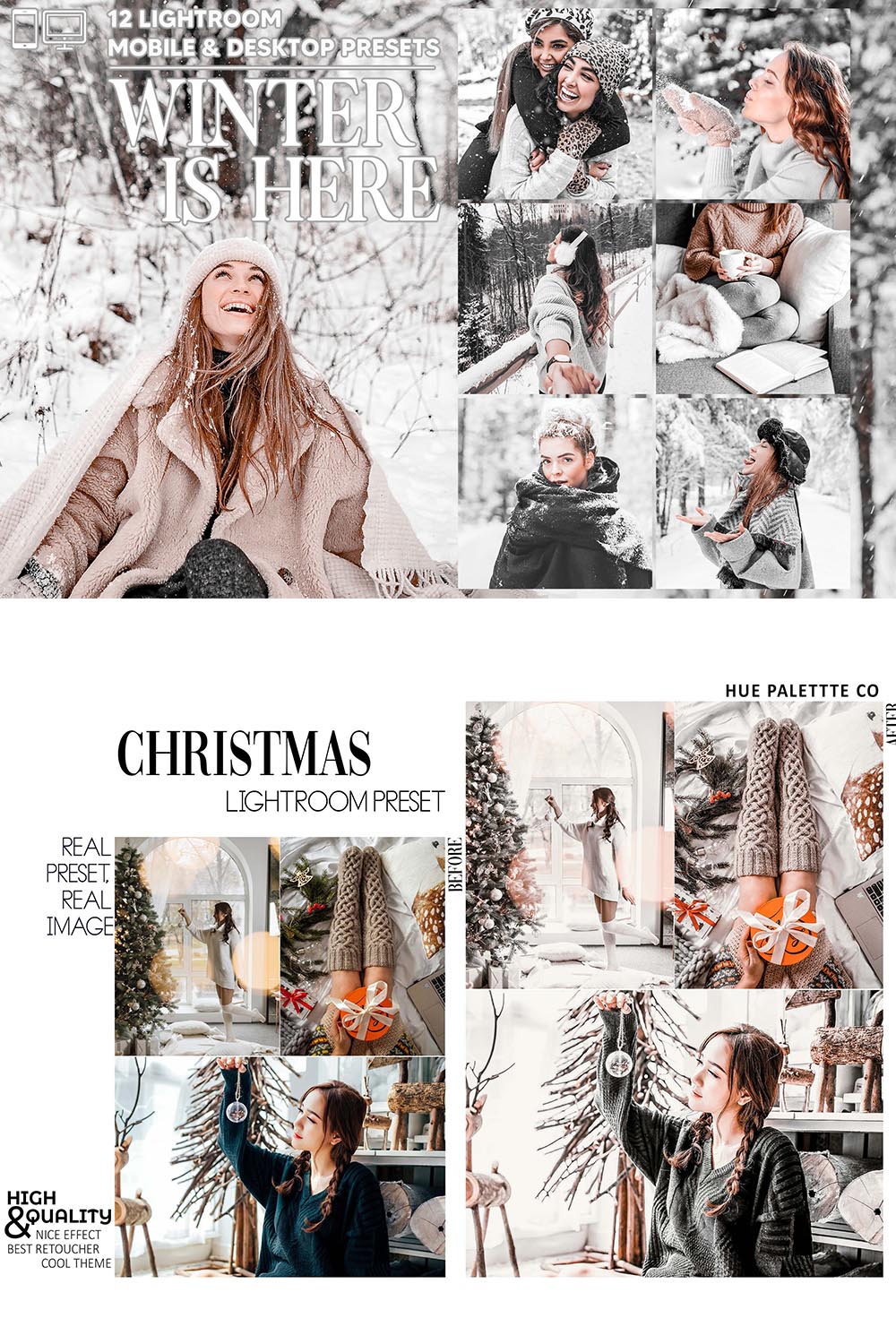 12 Winter Is Here Lightroom Presets, Clean Mobile Preset, Christmas Desktop LR Lifestyle DNG Instagram Bright Filter Theme Portrait Season pinterest preview image.