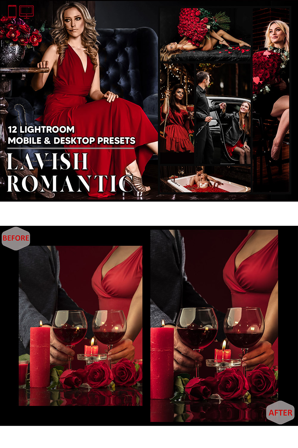 12 Lavish Romantic Lightroom Presets, Valentine Mobile Preset, Couple Desktop LR Filter DNG Lifestyle Theme For Blogger Portrait Instagram pinterest preview image.