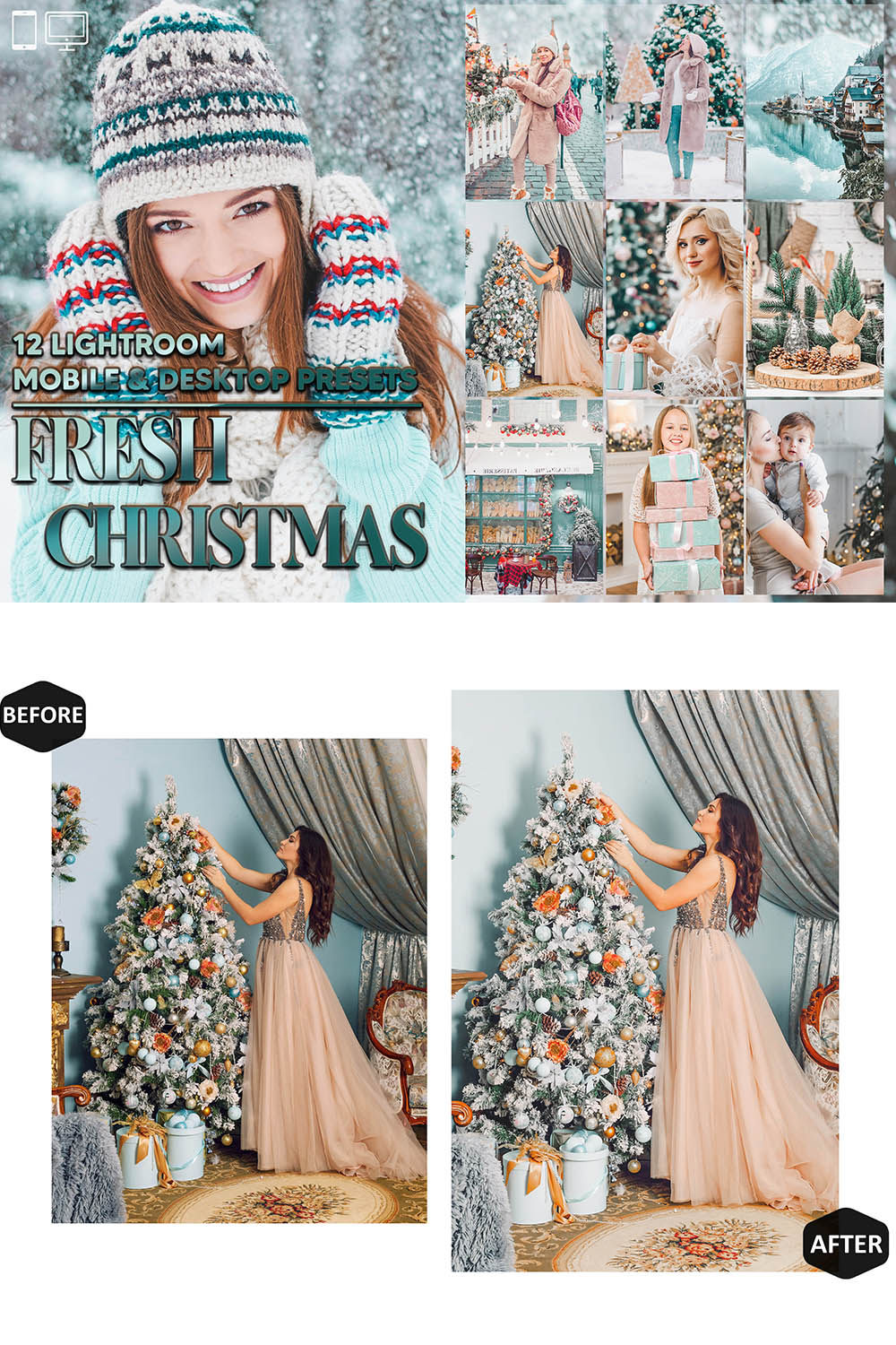 12 Fresh Christmas Lightroom Presets, Holiday Mobile Preset, Green And Blue Desktop LR Filter DNG Scheme Lifestyle Theme For Portrait, Instagram pinterest preview image.