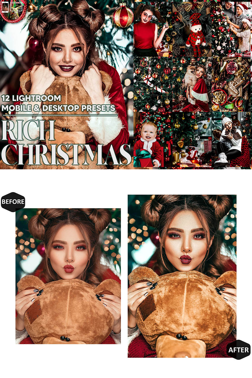 12 Rich Christmas Lightroom Presets, Moody Mobile Preset, Winter Desktop LR Lifestyle DNG Instagram Holiday Filter Theme Portrait Season pinterest preview image.