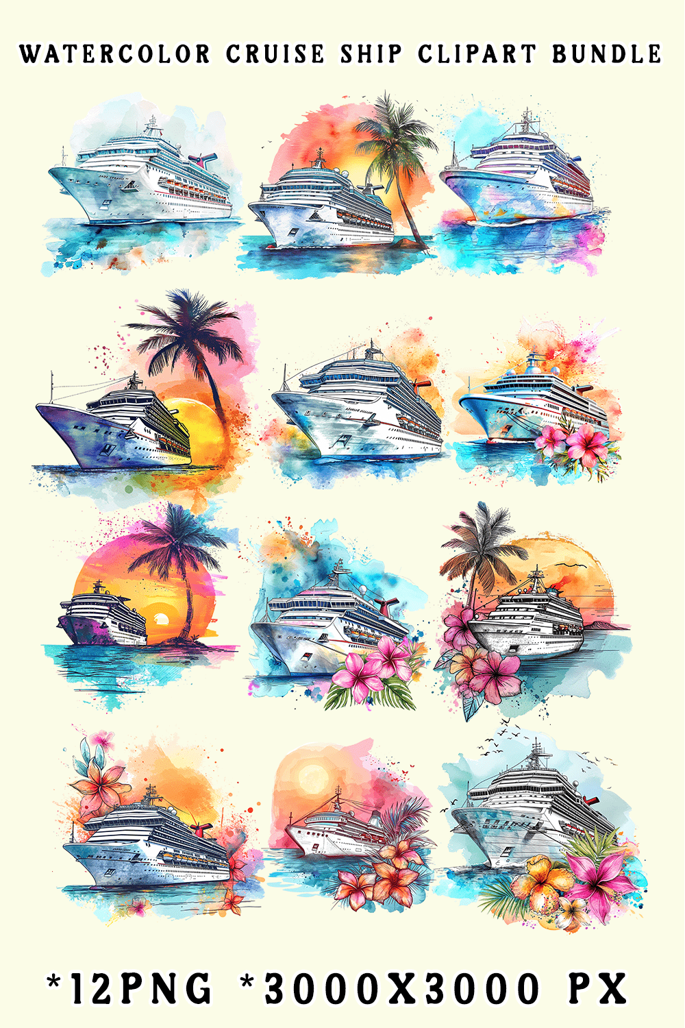 Watercolor Cruise Ship Clipart Bundle pinterest preview image.