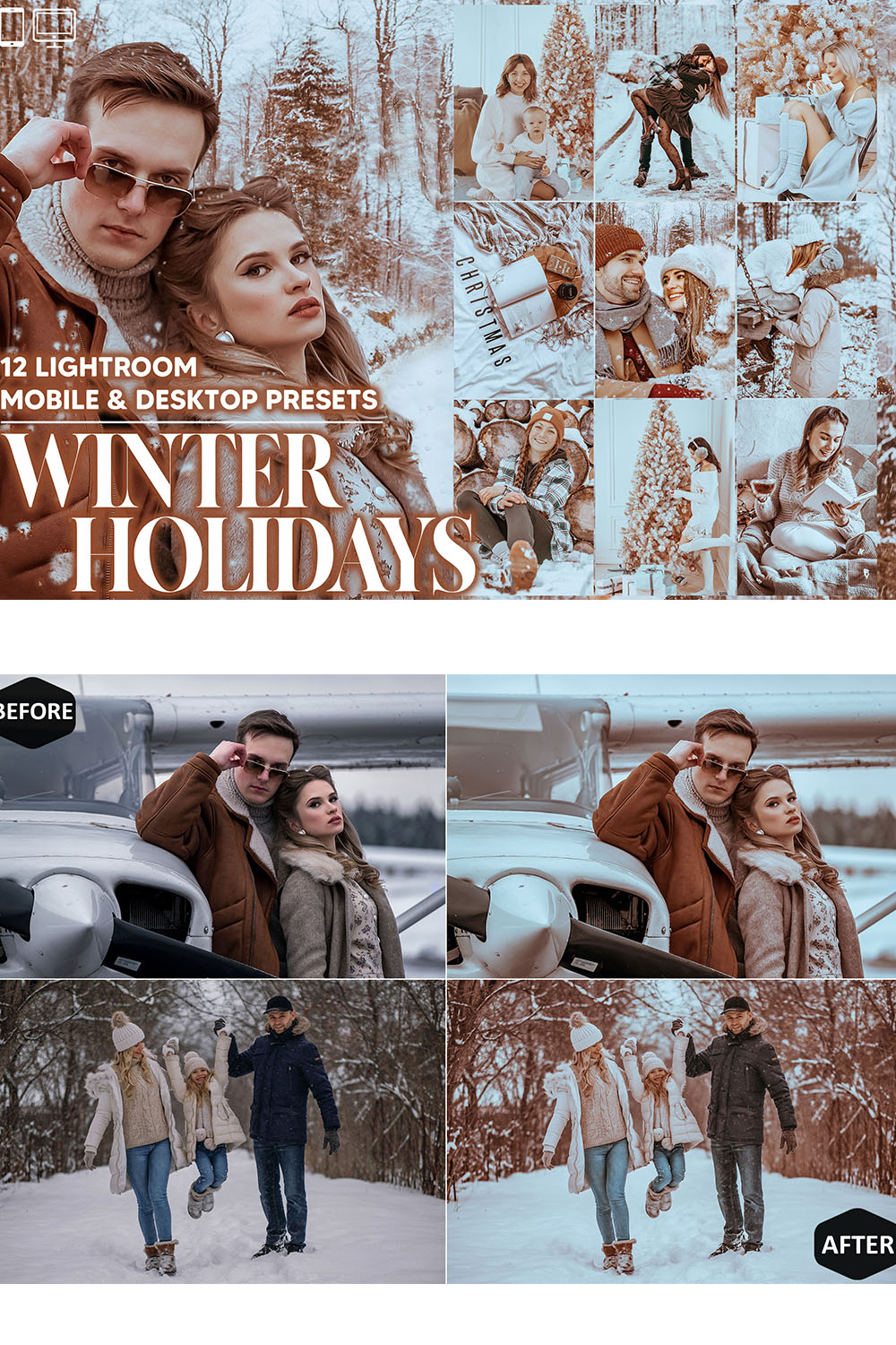 12 Winter Holidays Lightroom Presets, Xmas Mobile Preset, Cocoa Desktop, Blogger And Lifestyle Theme For Instagram LR Filter DNG Portrait pinterest preview image.